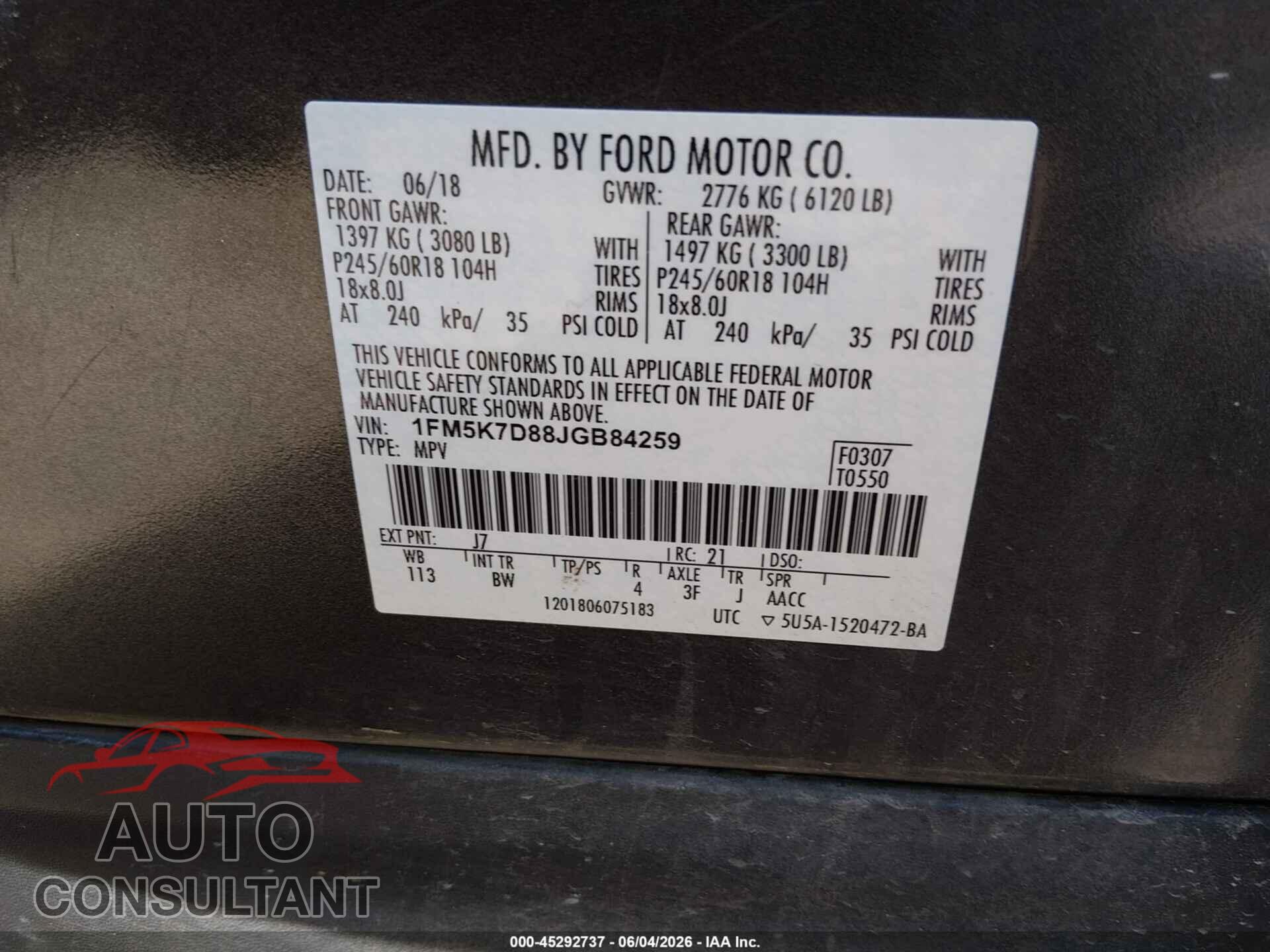 FORD EXPLORER 2018 - 1FM5K7D88JGB84259
