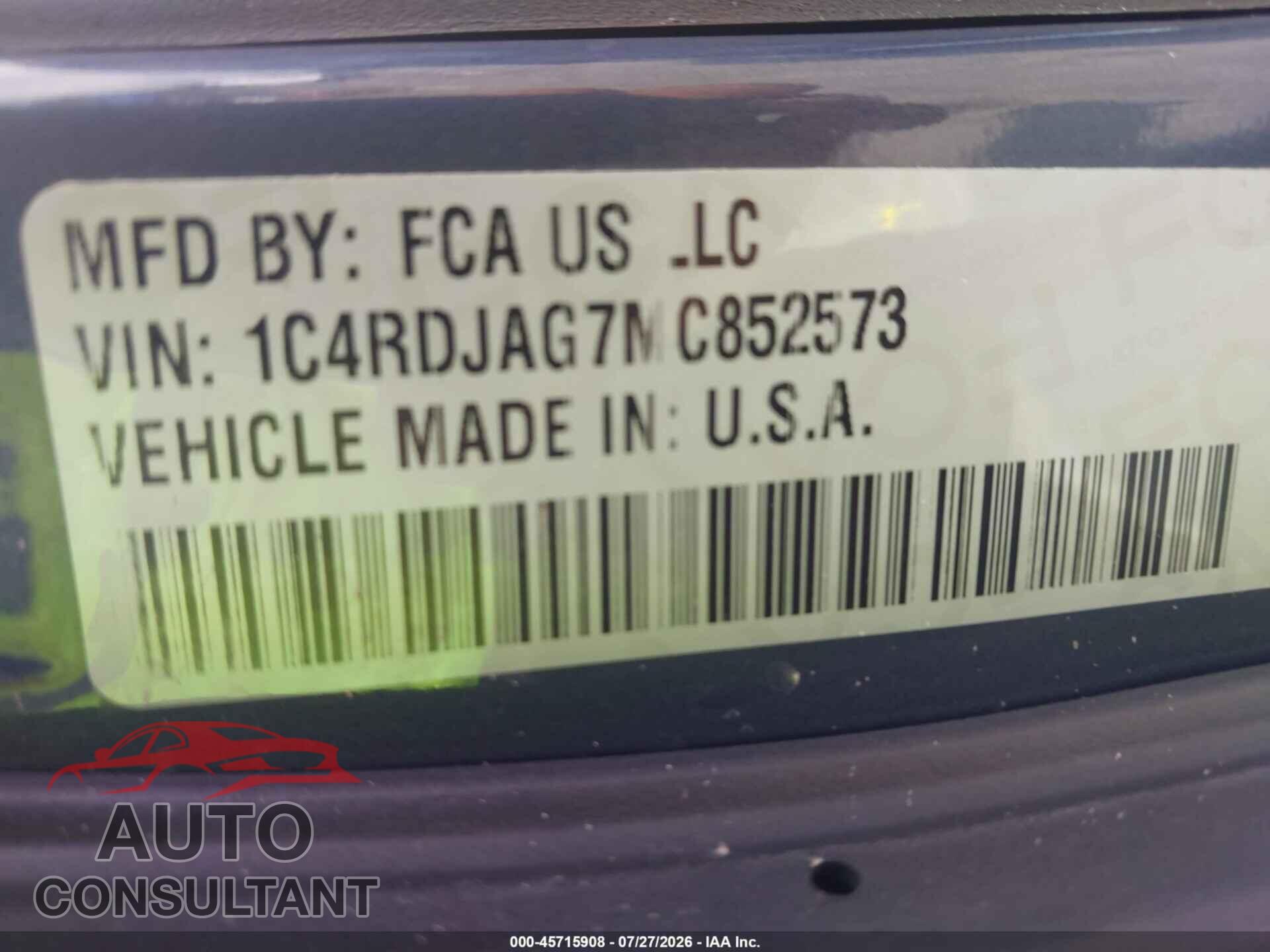 DODGE DURANGO 2021 - 1C4RDJAG7MC852573