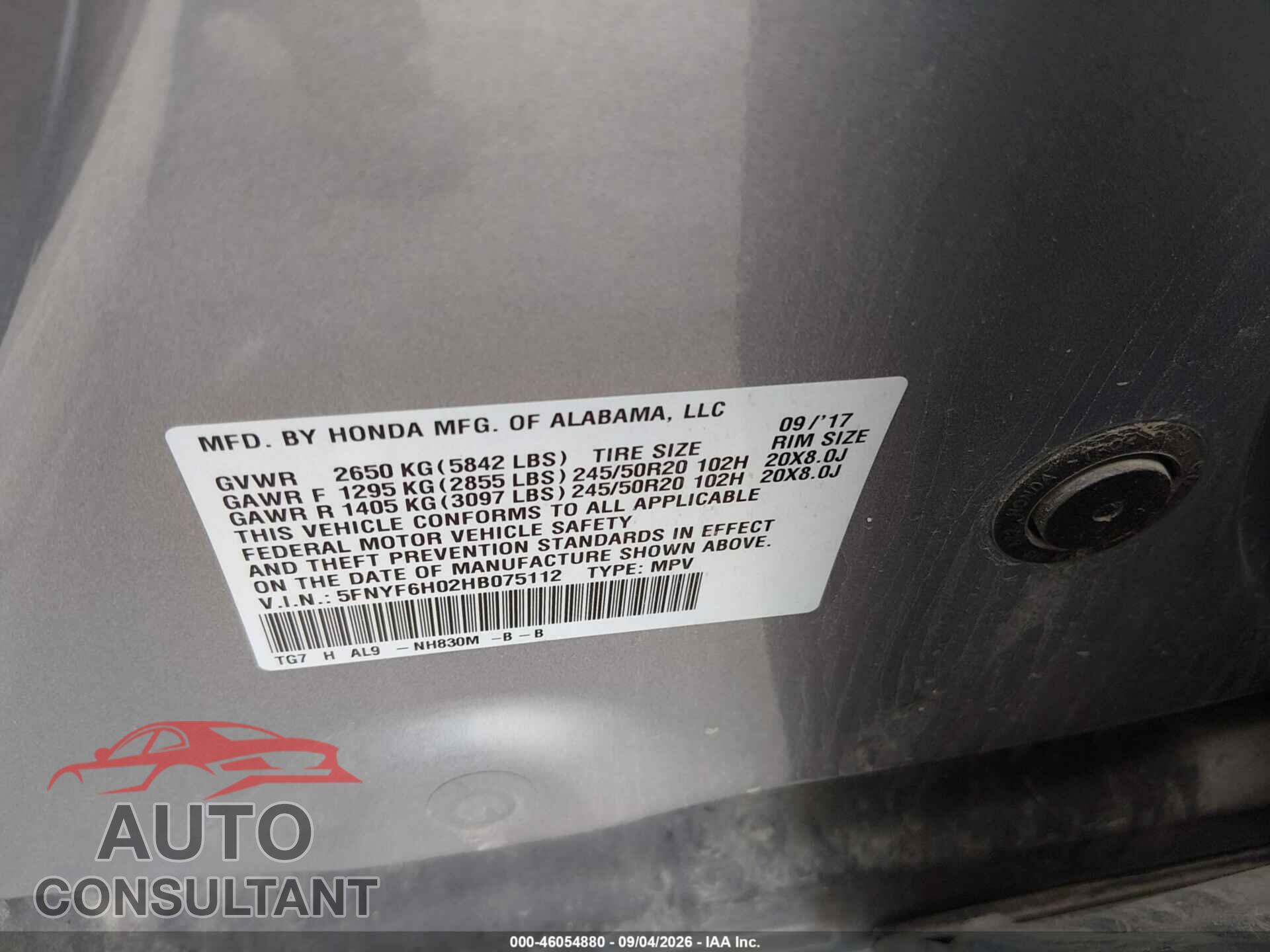 HONDA PILOT 2017 - 5FNYF6H02HB075112