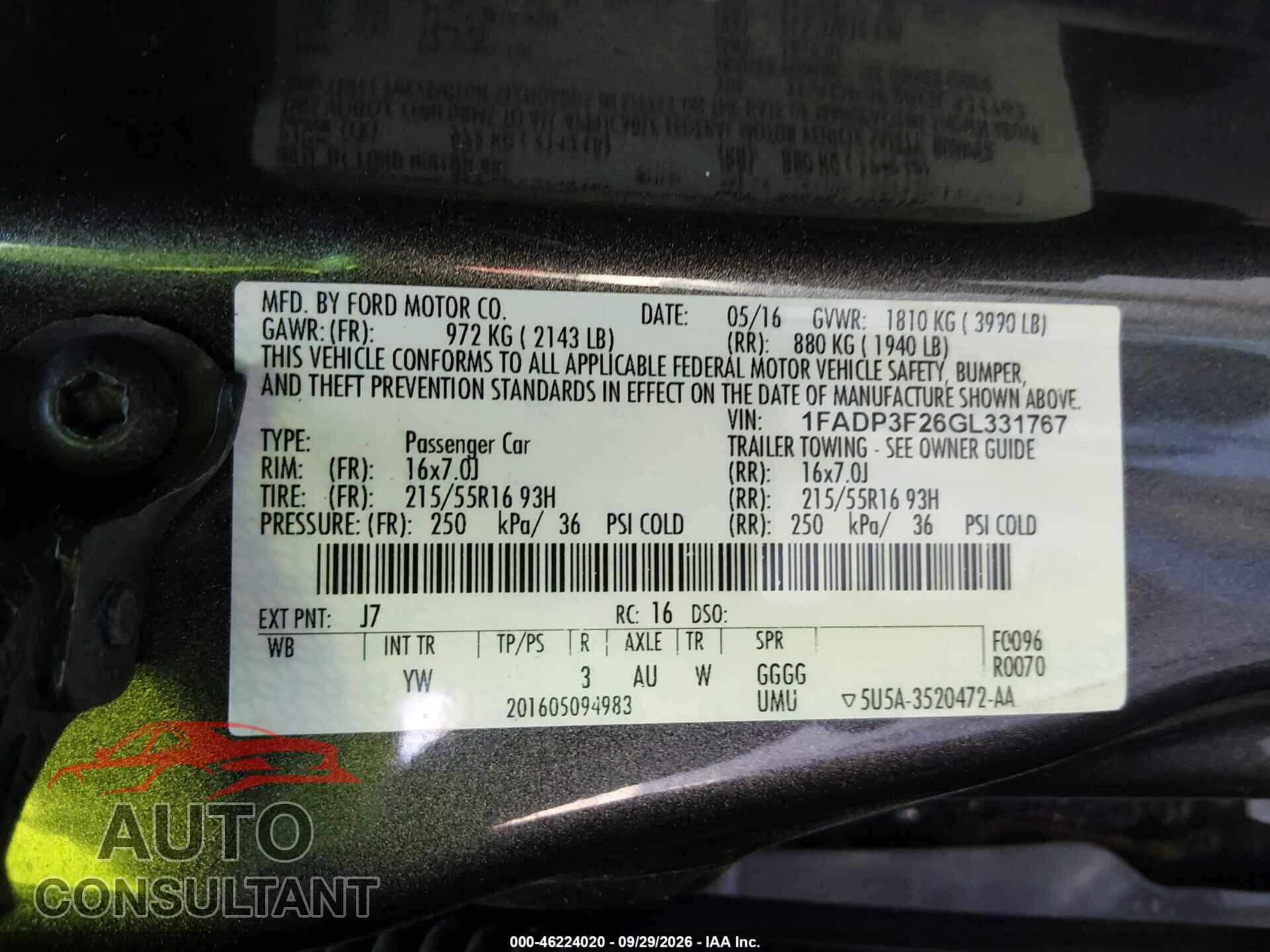 FORD FOCUS 2016 - 1FADP3F26GL331767