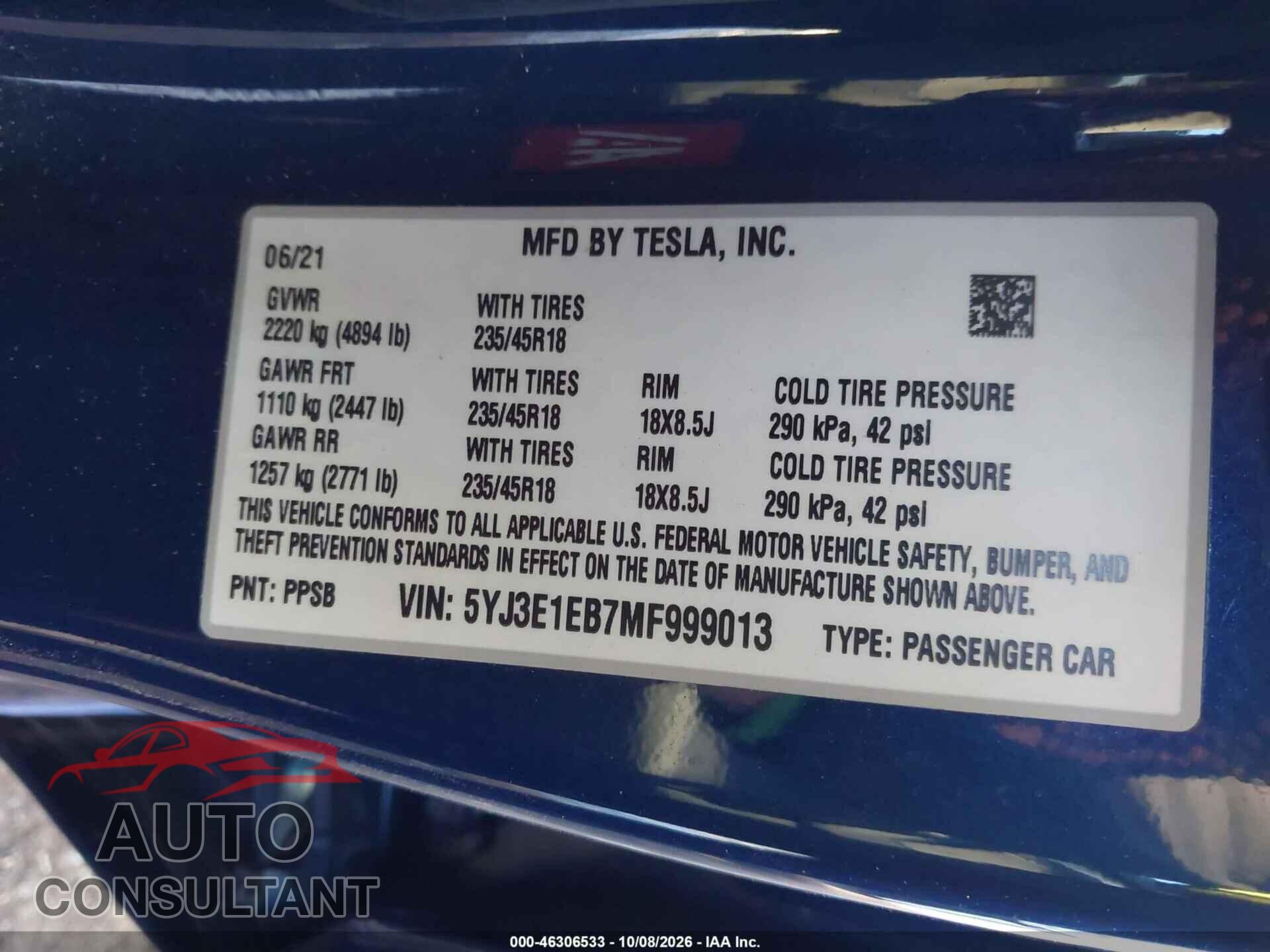 TESLA MODEL 3 2021 - 5YJ3E1EB7MF999013