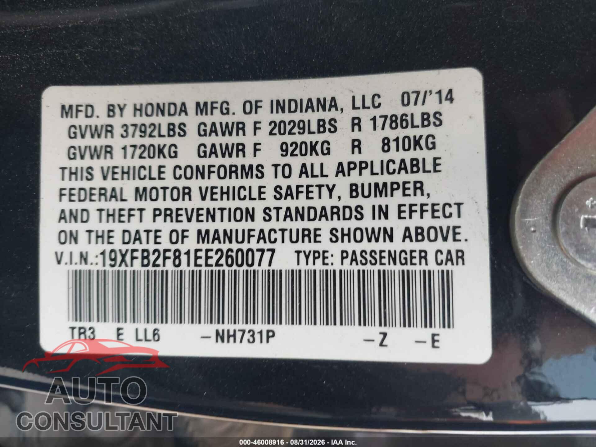 HONDA CIVIC 2014 - 19XFB2F81EE260077