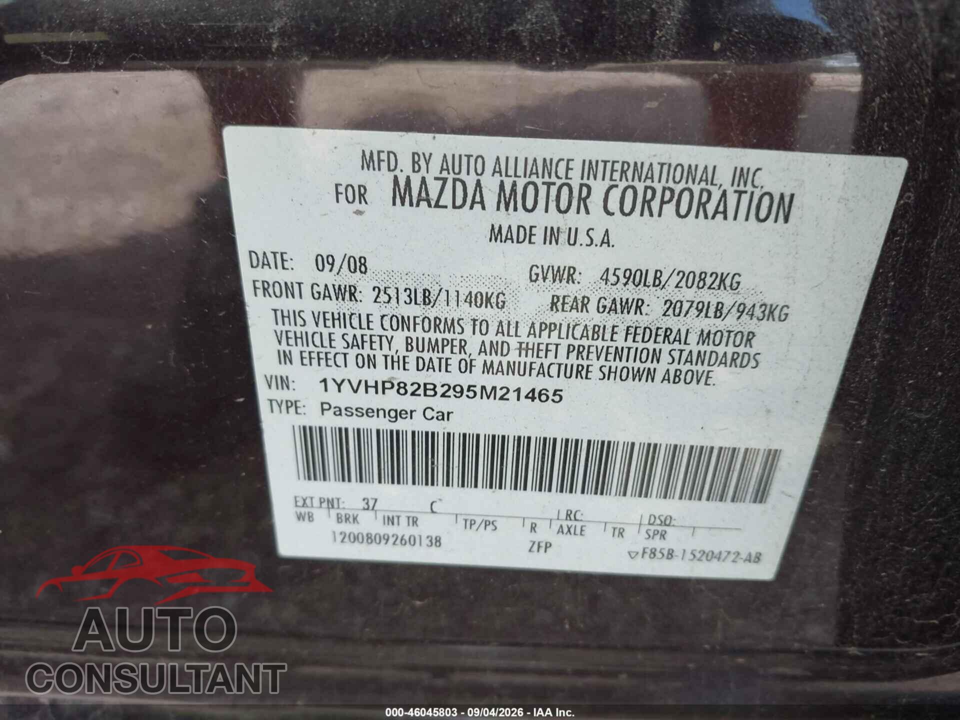 MAZDA 6 2009 - 1YVHP82B295M21465