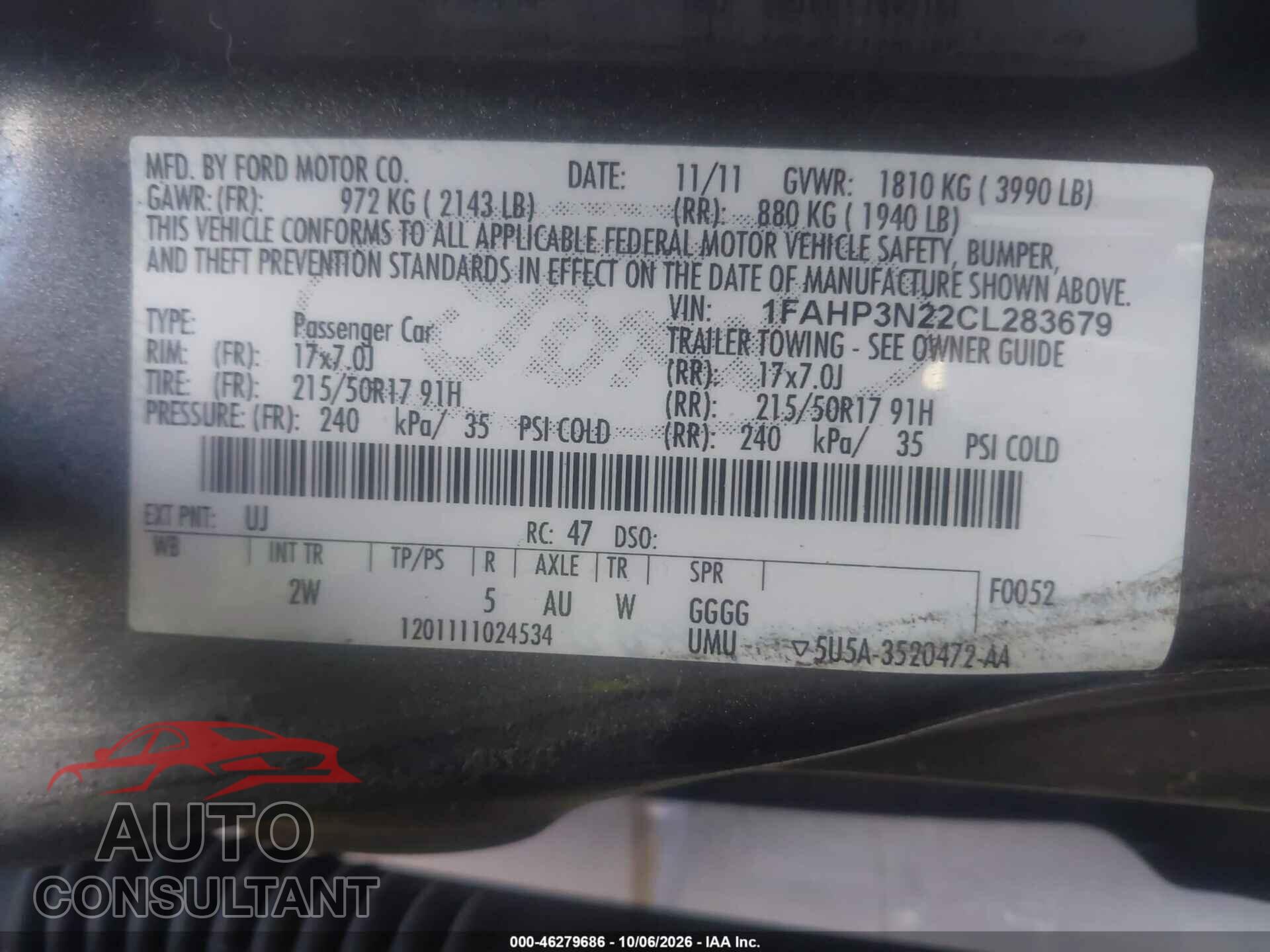 FORD FOCUS 2012 - 1FAHP3N22CL283679