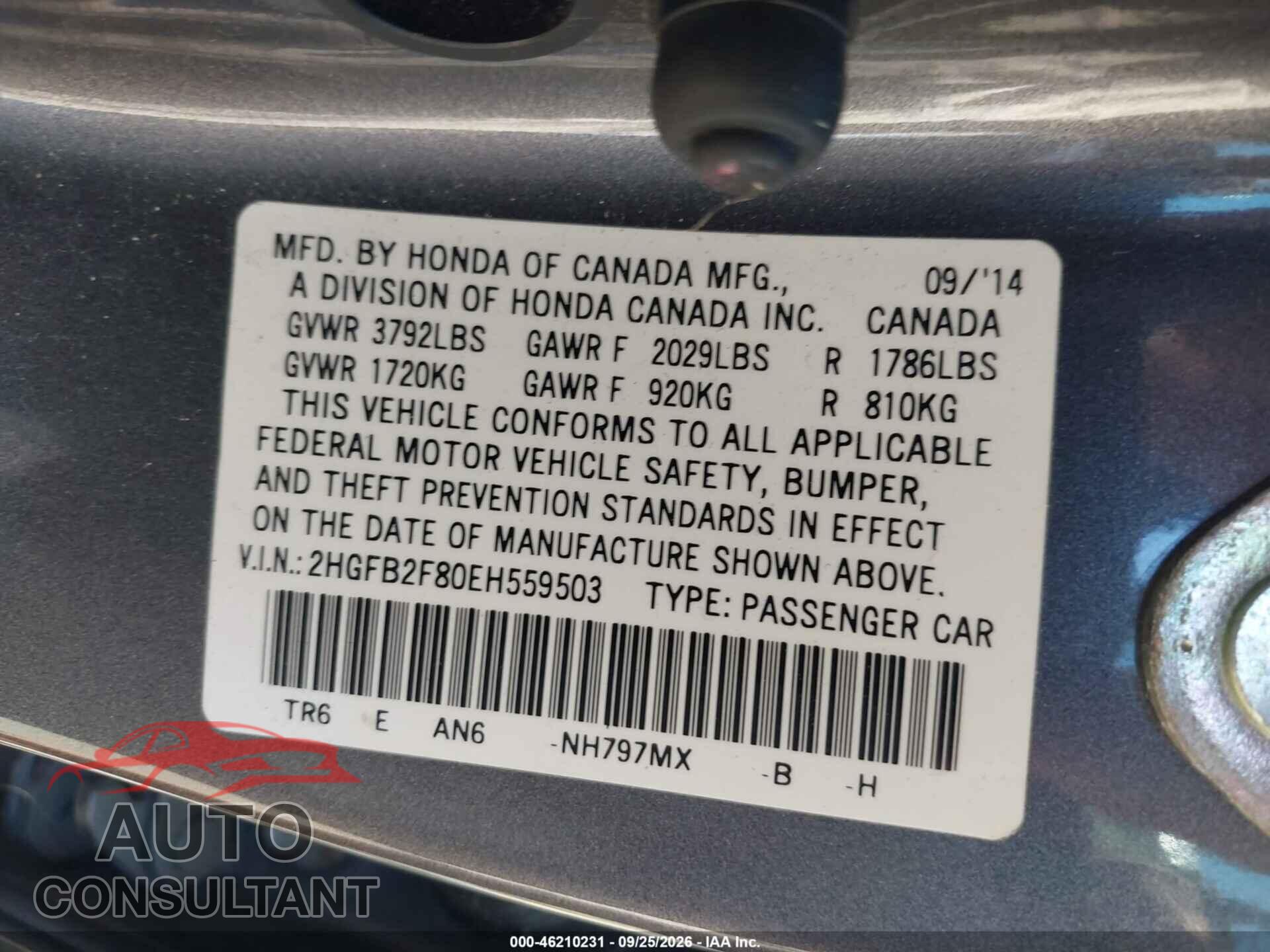 HONDA CIVIC 2014 - 2HGFB2F80EH559503