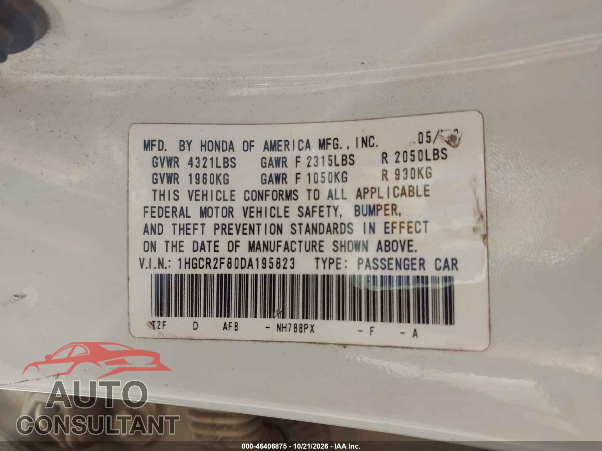 HONDA ACCORD 2013 - 1HGCR2F80DA195823