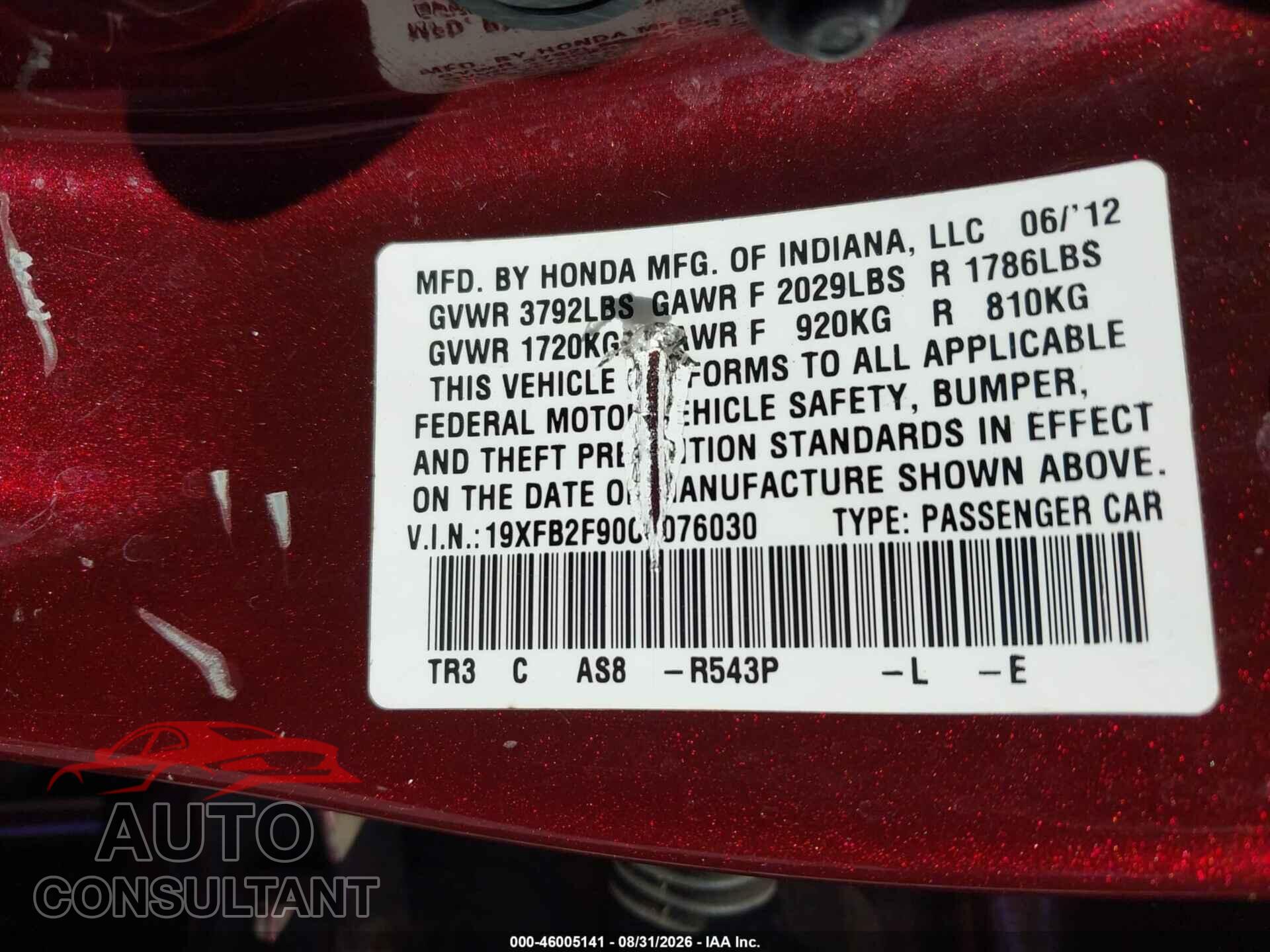 HONDA CIVIC 2012 - 19XFB2F90CE076030