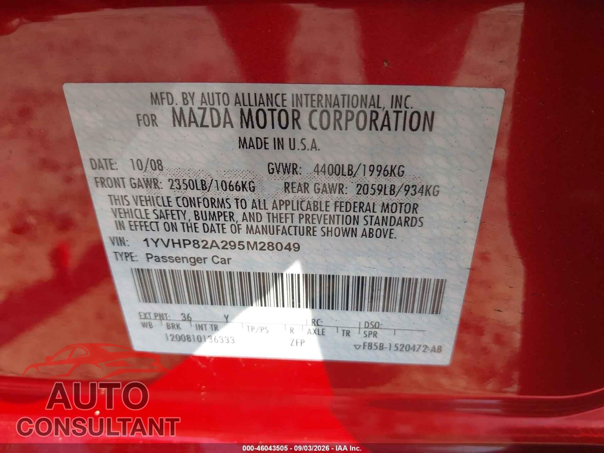 MAZDA MAZDA6 2009 - 1YVHP82A295M28049