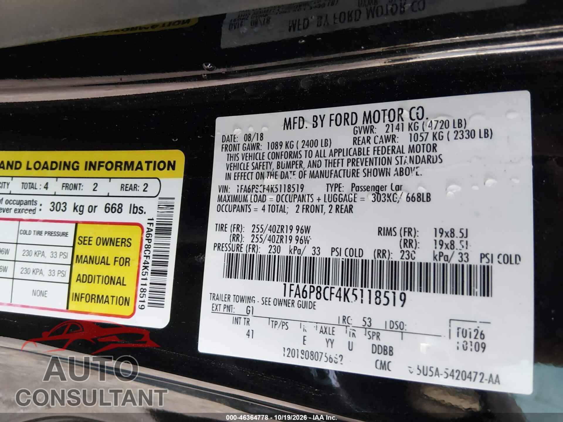 FORD MUSTANG 2019 - 1FA6P8CF4K5118519