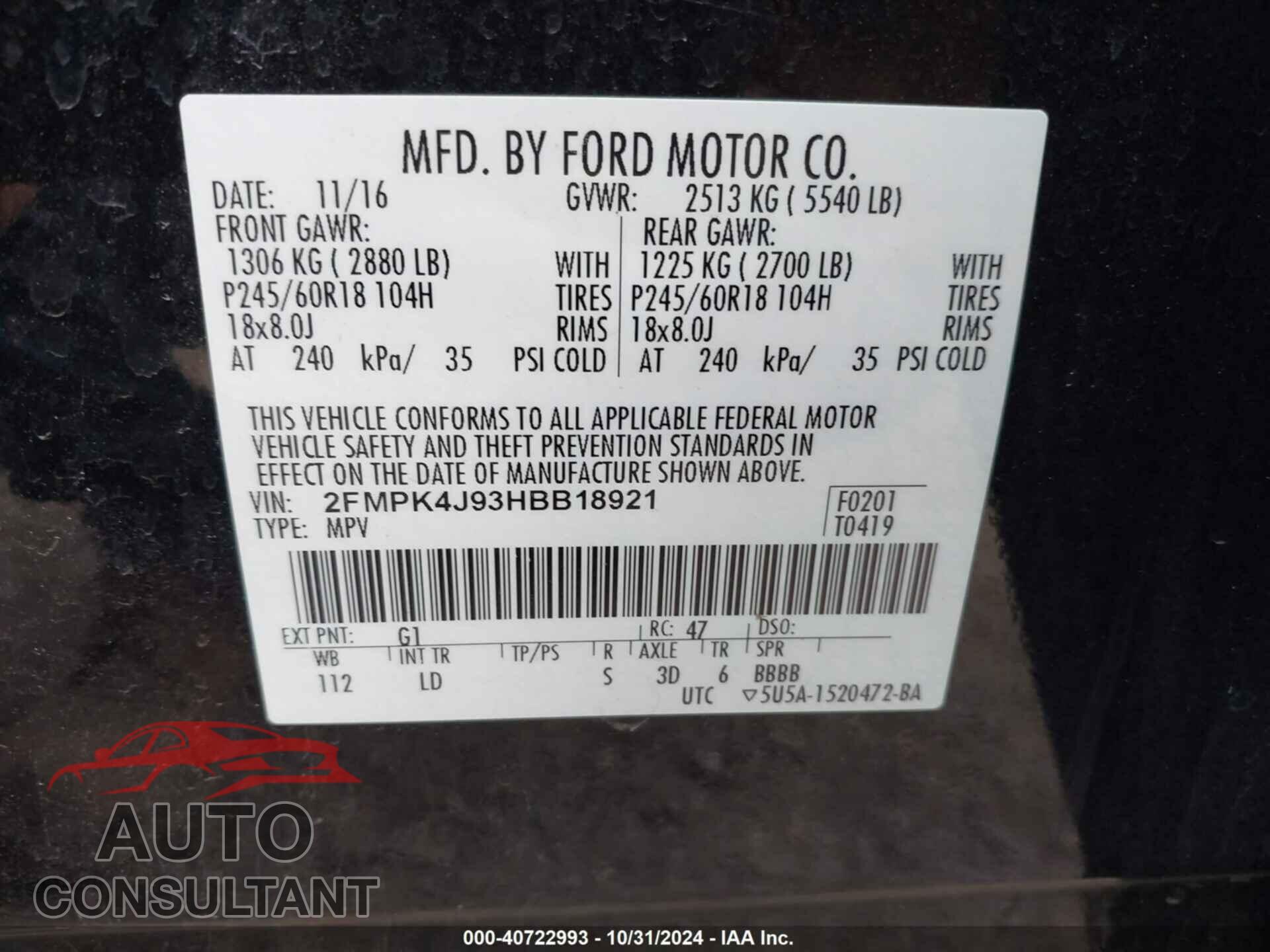 FORD EDGE 2017 - 2FMPK4J93HBB18921