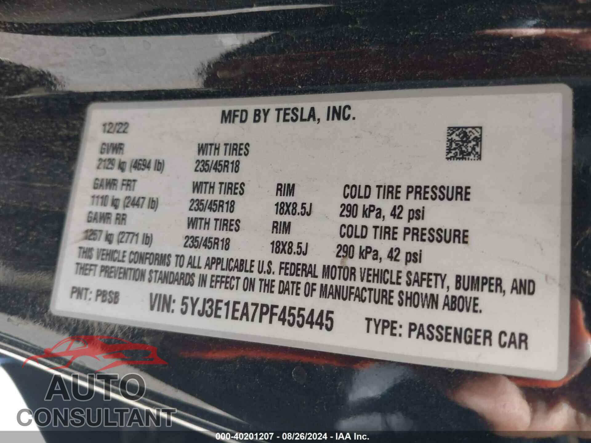 TESLA MODEL 3 2023 - 5YJ3E1EA7PF455445