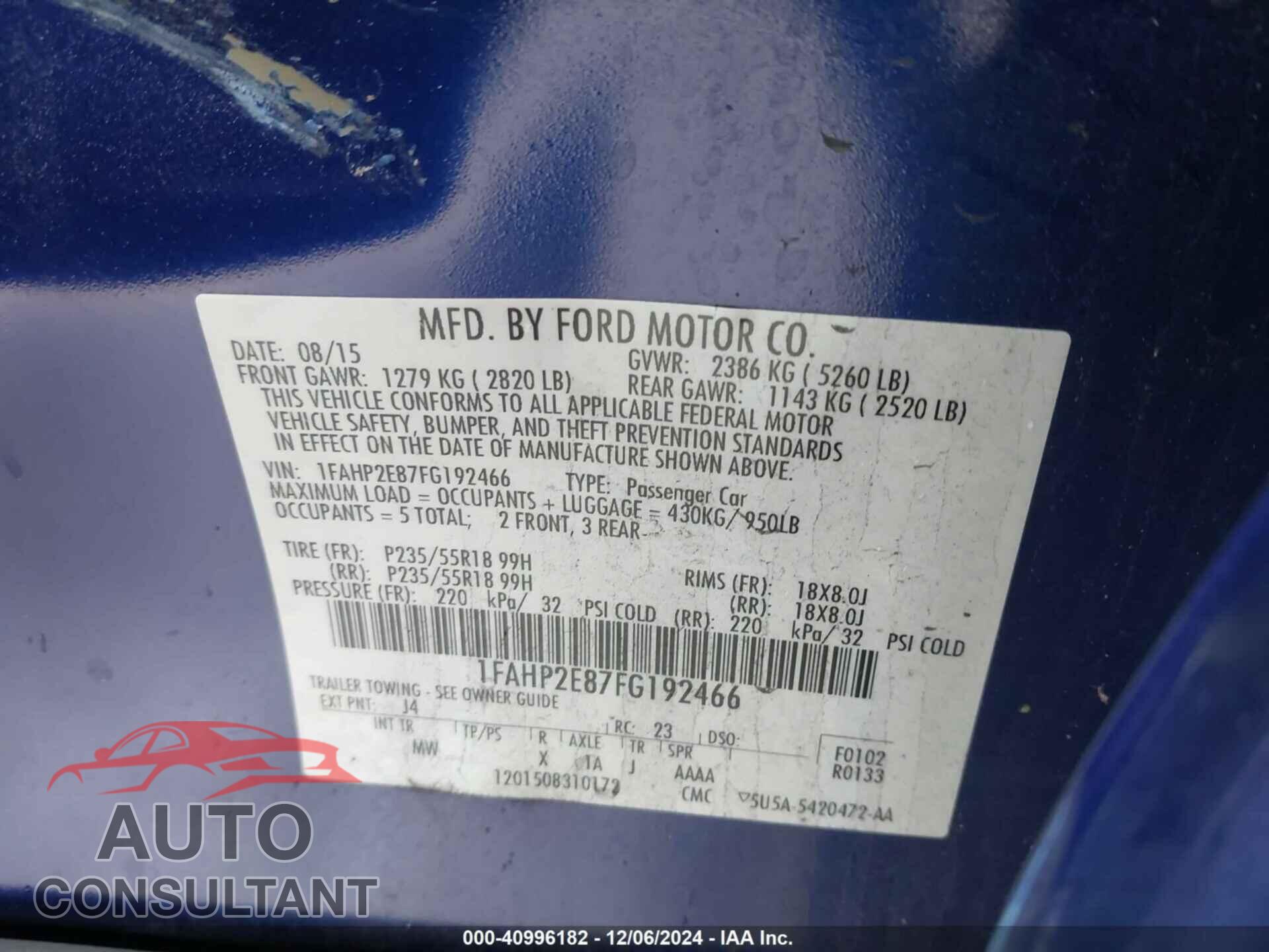 FORD TAURUS 2015 - 1FAHP2E87FG192466