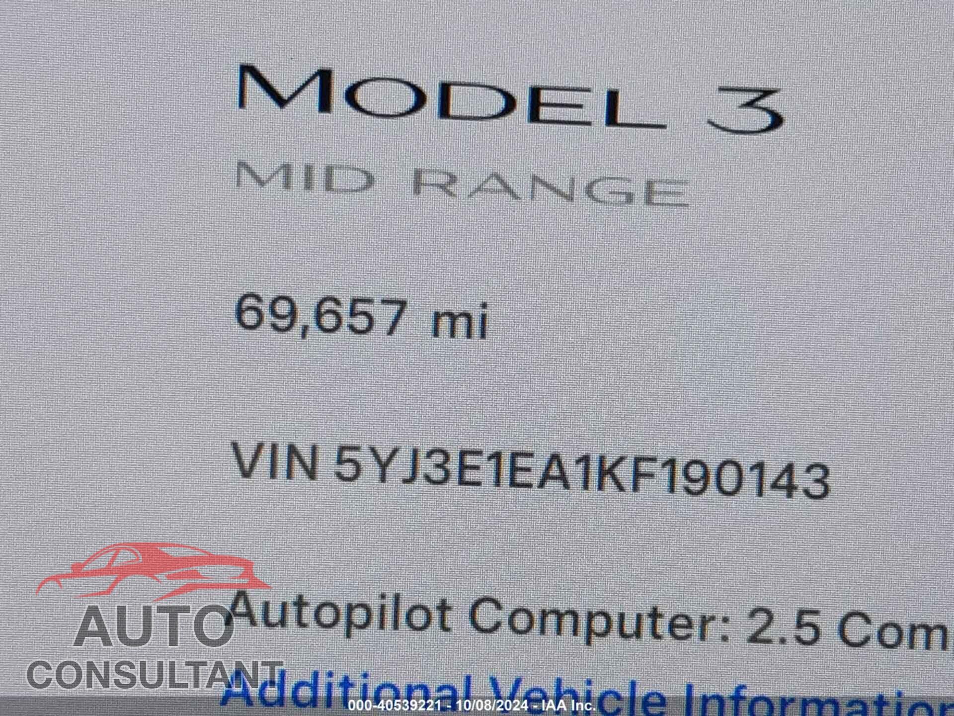 TESLA MODEL 3 2019 - 5YJ3E1EA1KF190143