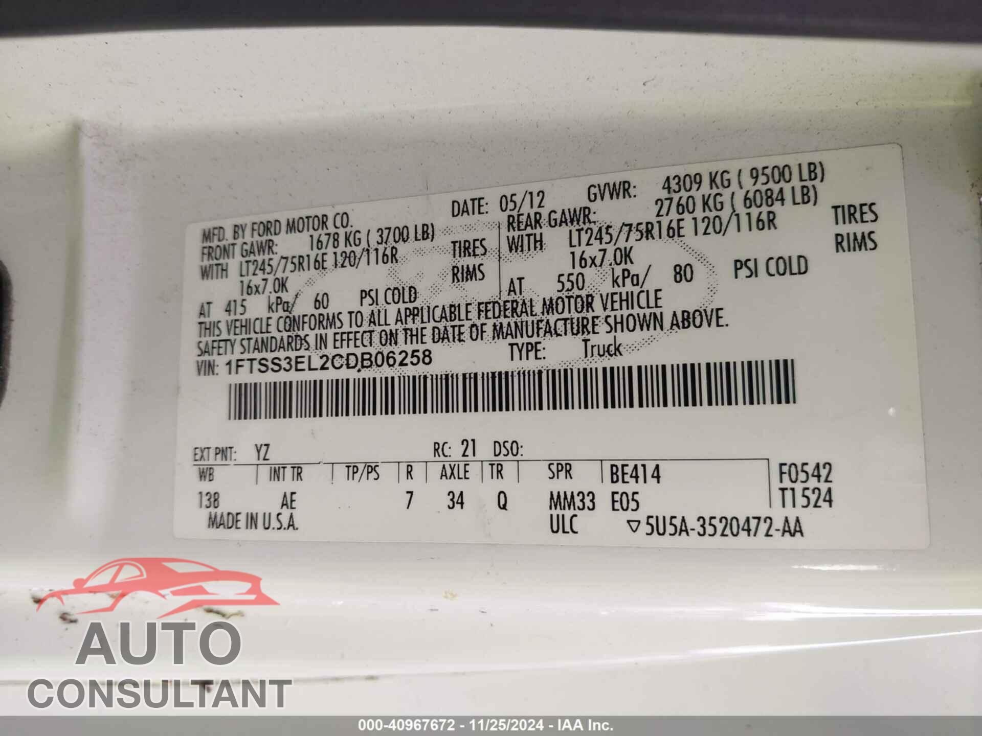 FORD E-350 SUPER DUTY 2012 - 1FTSS3EL2CDB06258