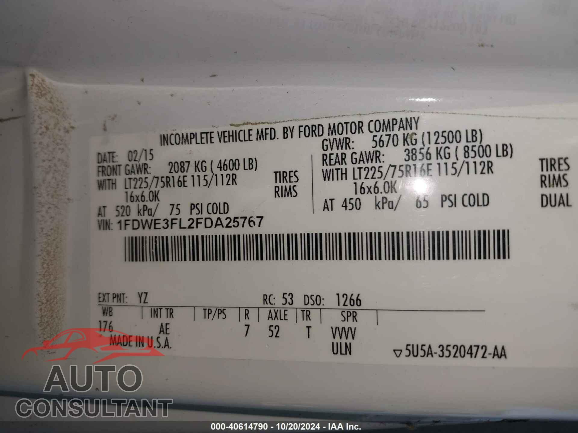 FORD E-350 CUTAWAY 2015 - 1FDWE3FL2FDA25767