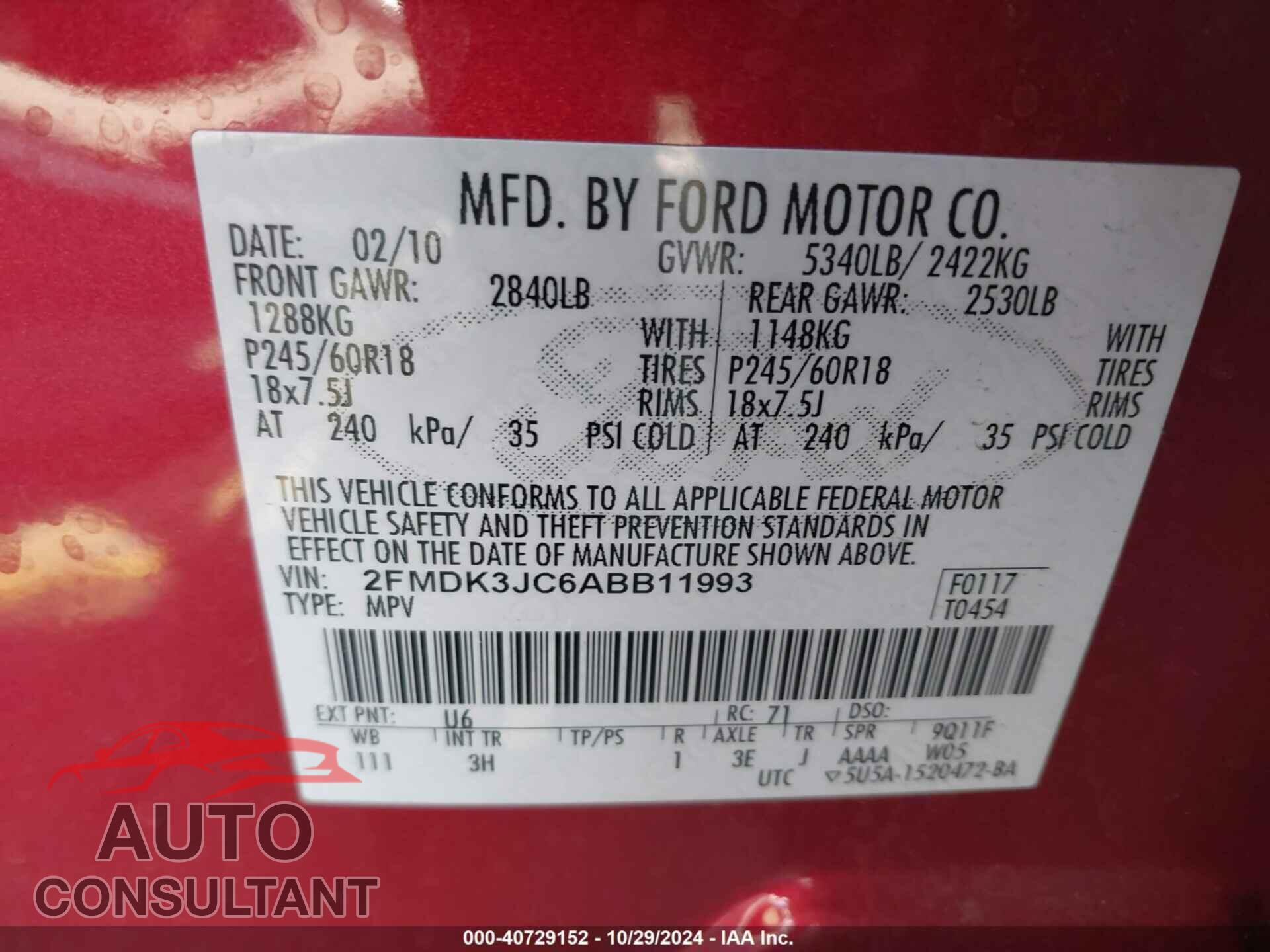 FORD EDGE 2010 - 2FMDK3JC6ABB11993