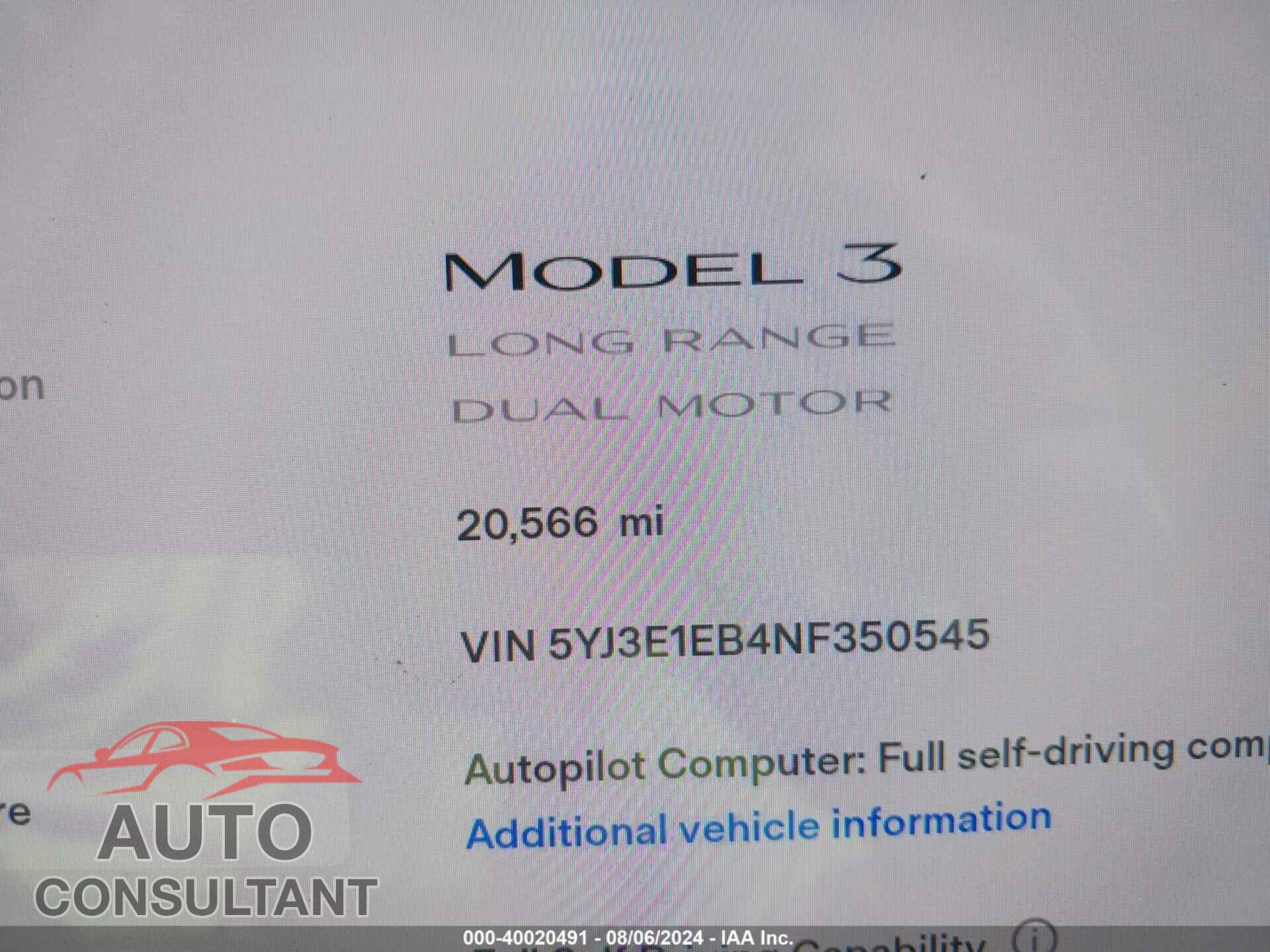 TESLA MODEL 3 2022 - 5YJ3E1EB4NF350545