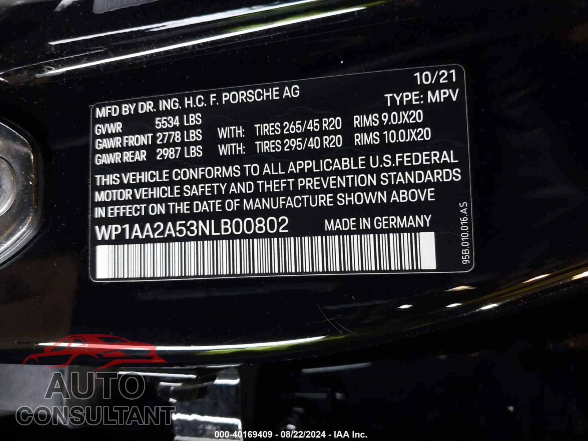 PORSCHE MACAN 2022 - WP1AA2A53NLB00802