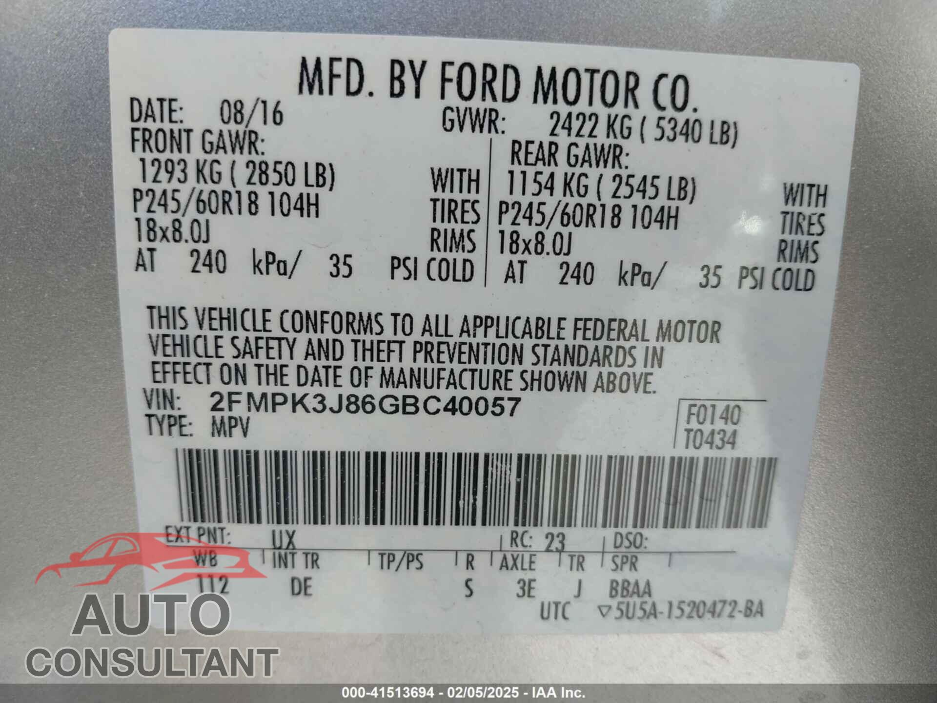 FORD EDGE 2016 - 2FMPK3J86GBC40057