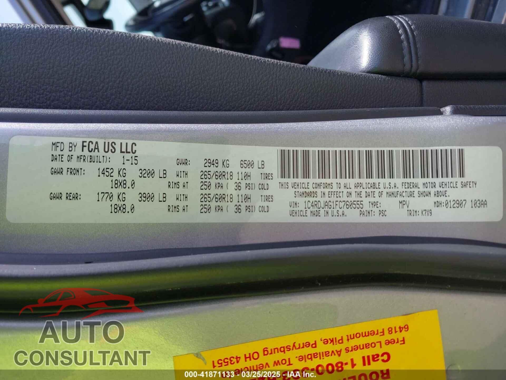 DODGE DURANGO 2015 - 1C4RDJAG1FC760555