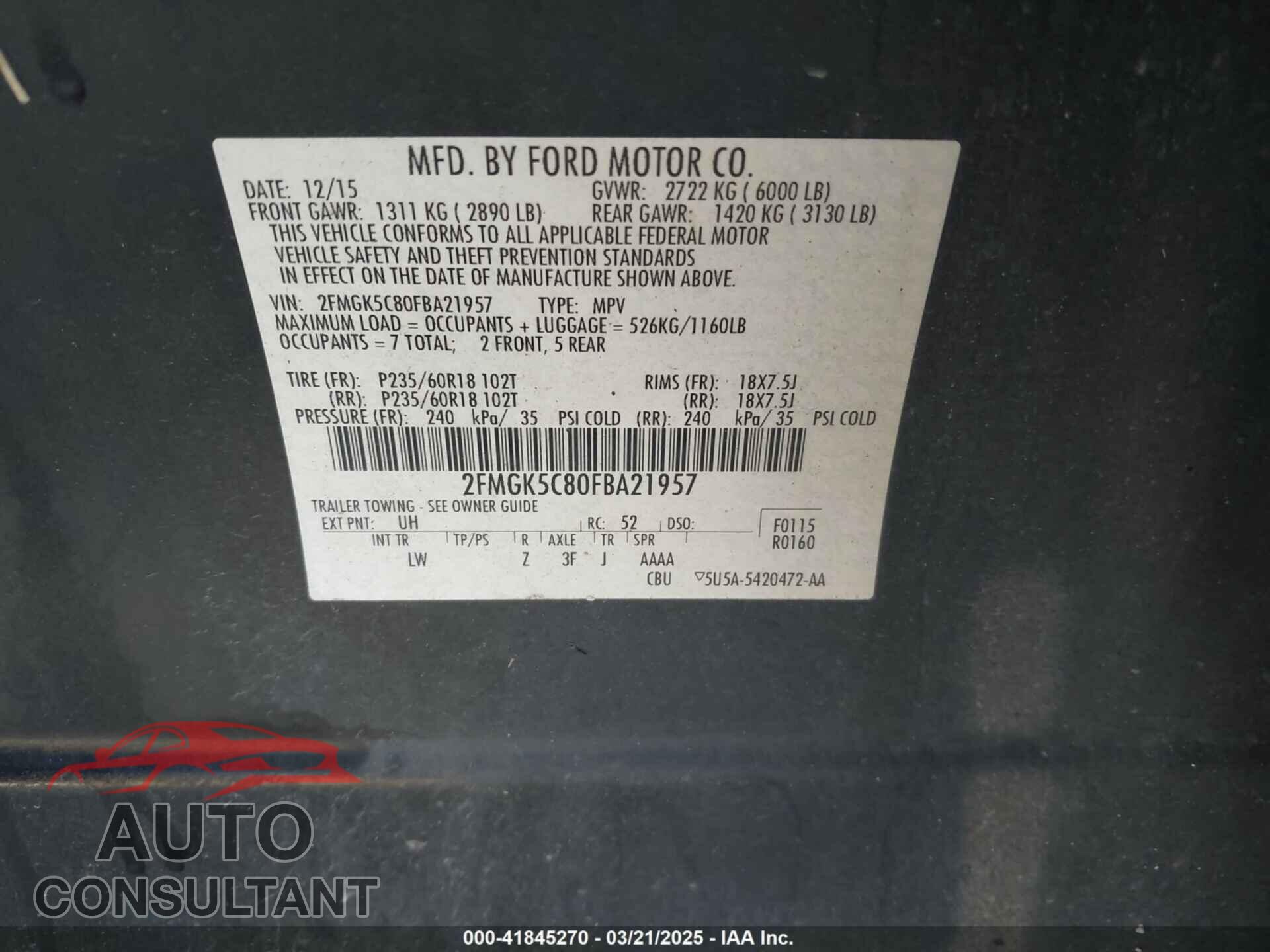 FORD FLEX 2015 - 2FMGK5C80FBA21957