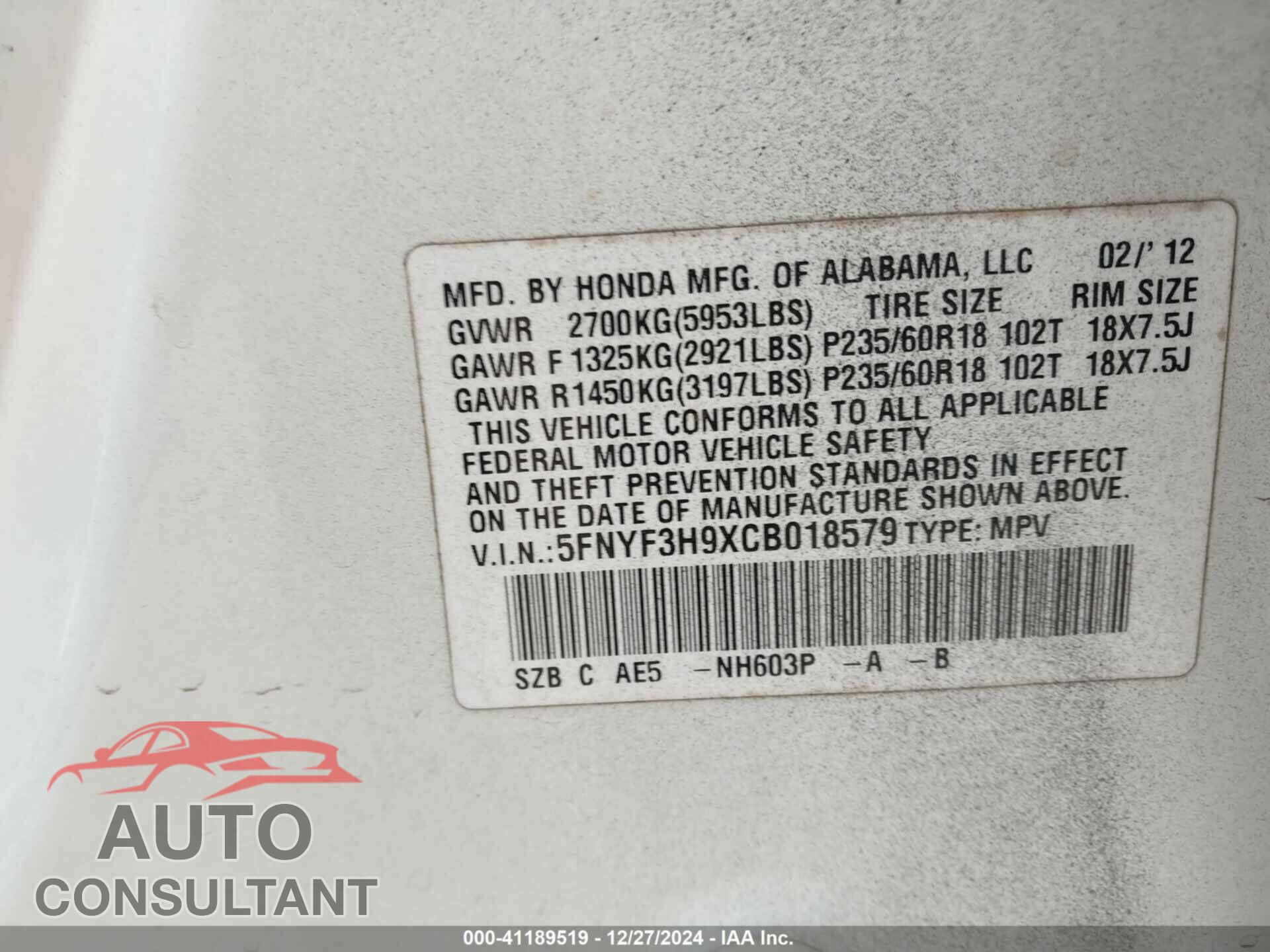 HONDA PILOT 2012 - 5FNYF3H9XCB018579
