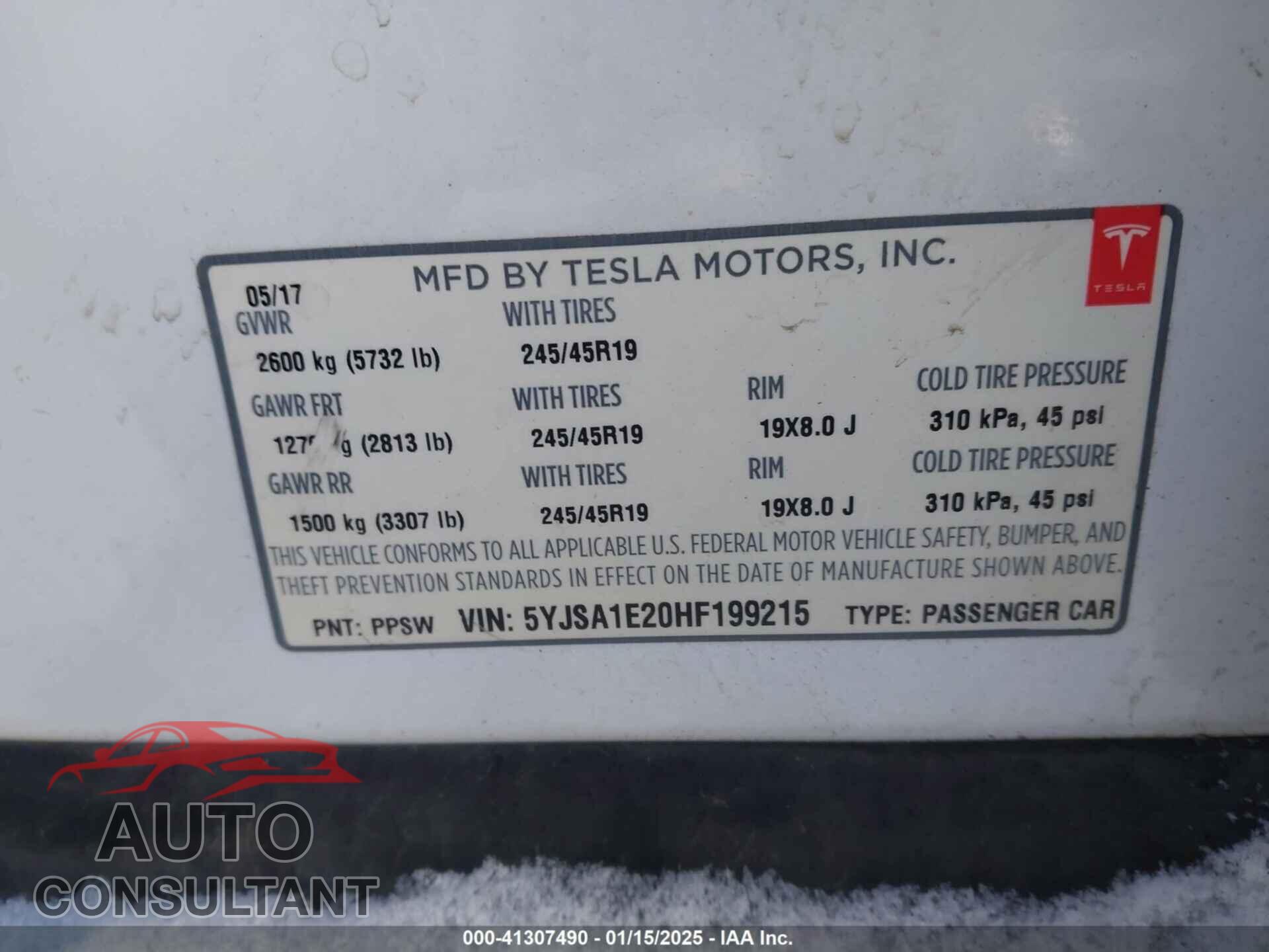TESLA MODEL S 2017 - 5YJSA1E20HF199215