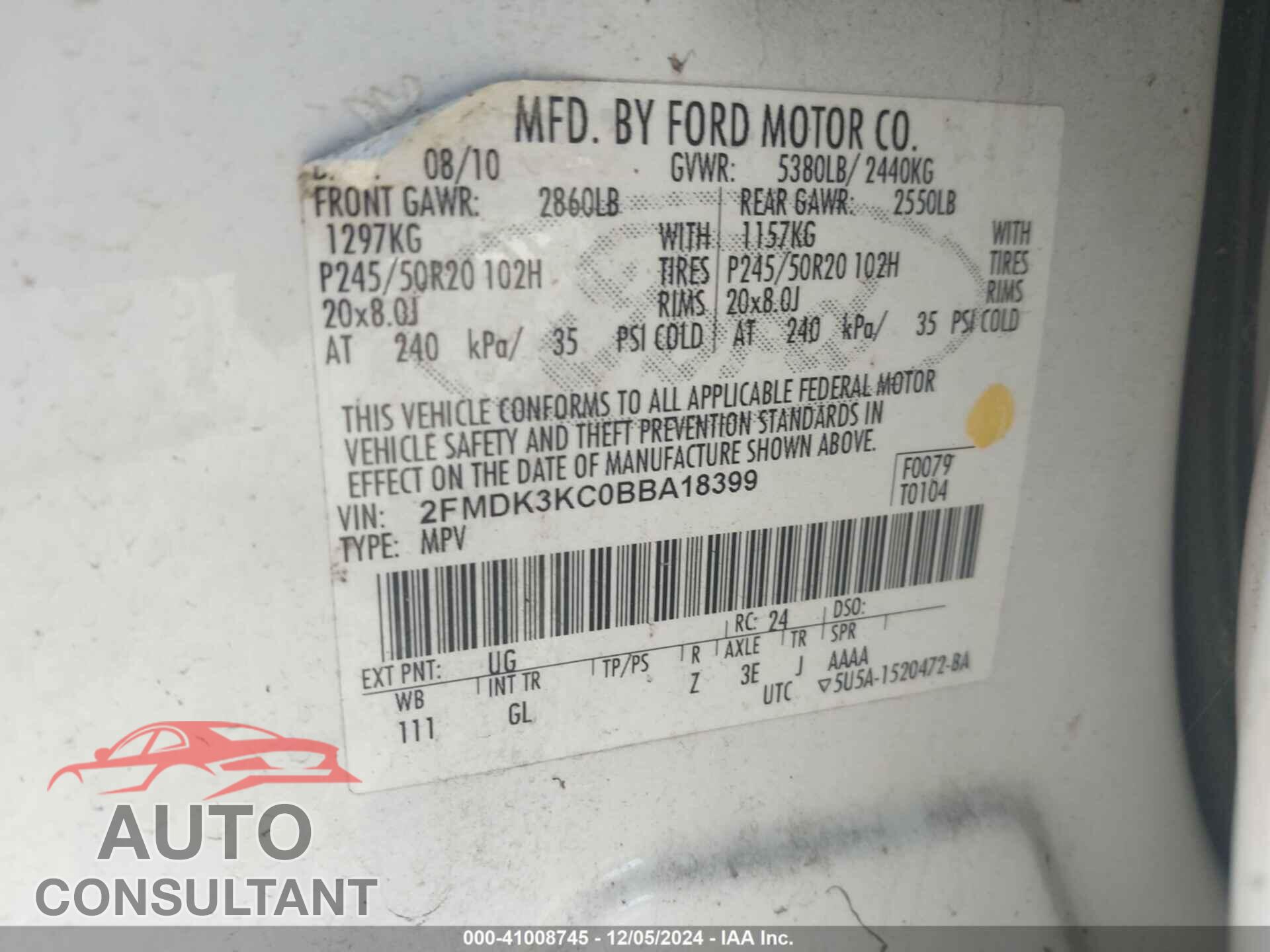 FORD EDGE 2011 - 2FMDK3KC0BBA18399