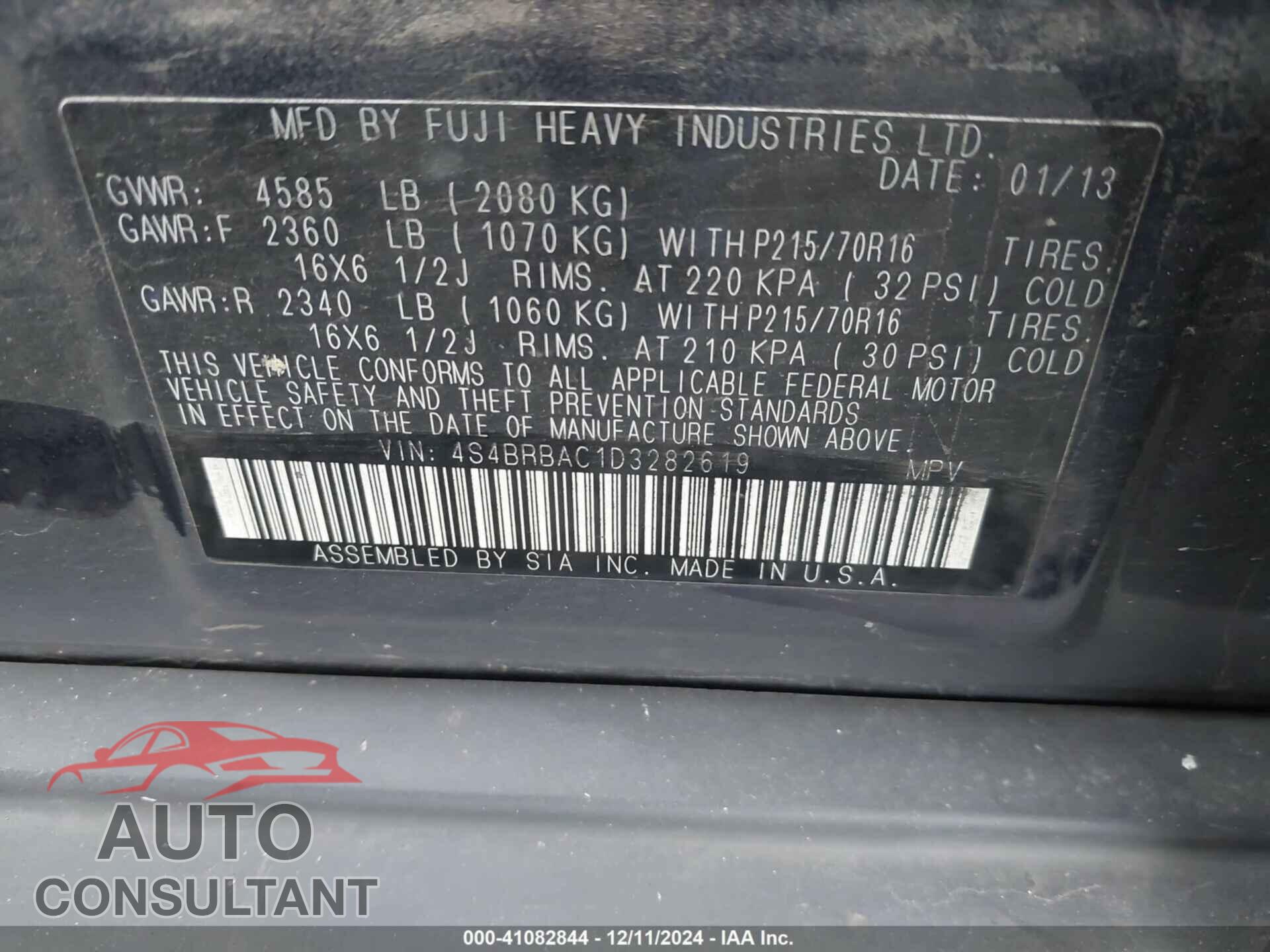 SUBARU OUTBACK 2013 - 4S4BRBAC1D3282619