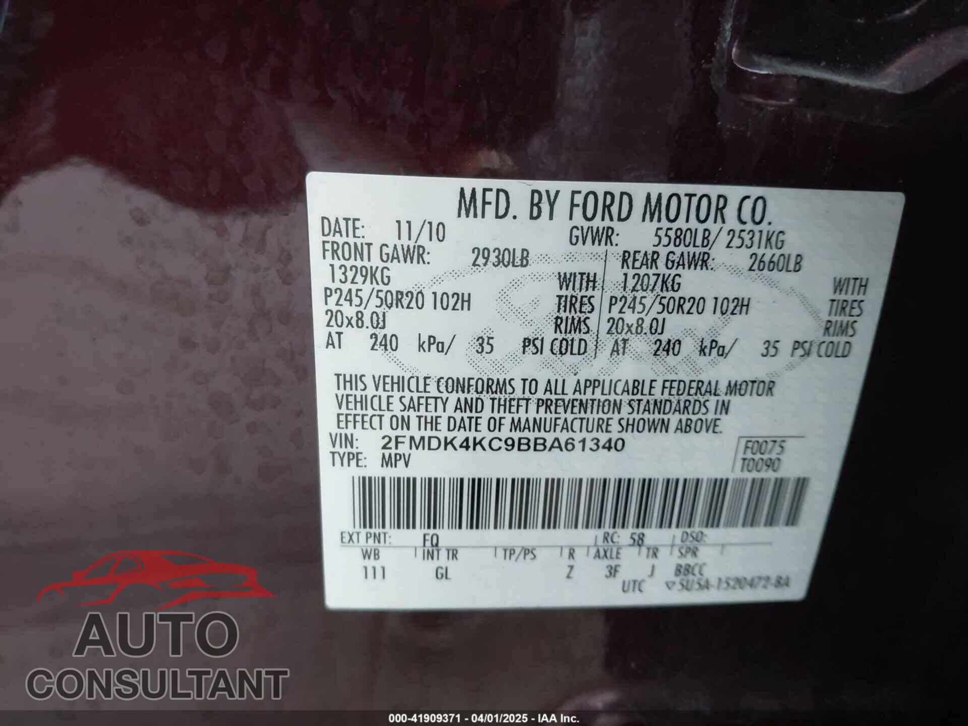 FORD EDGE 2011 - 2FMDK4KC9BBA61340