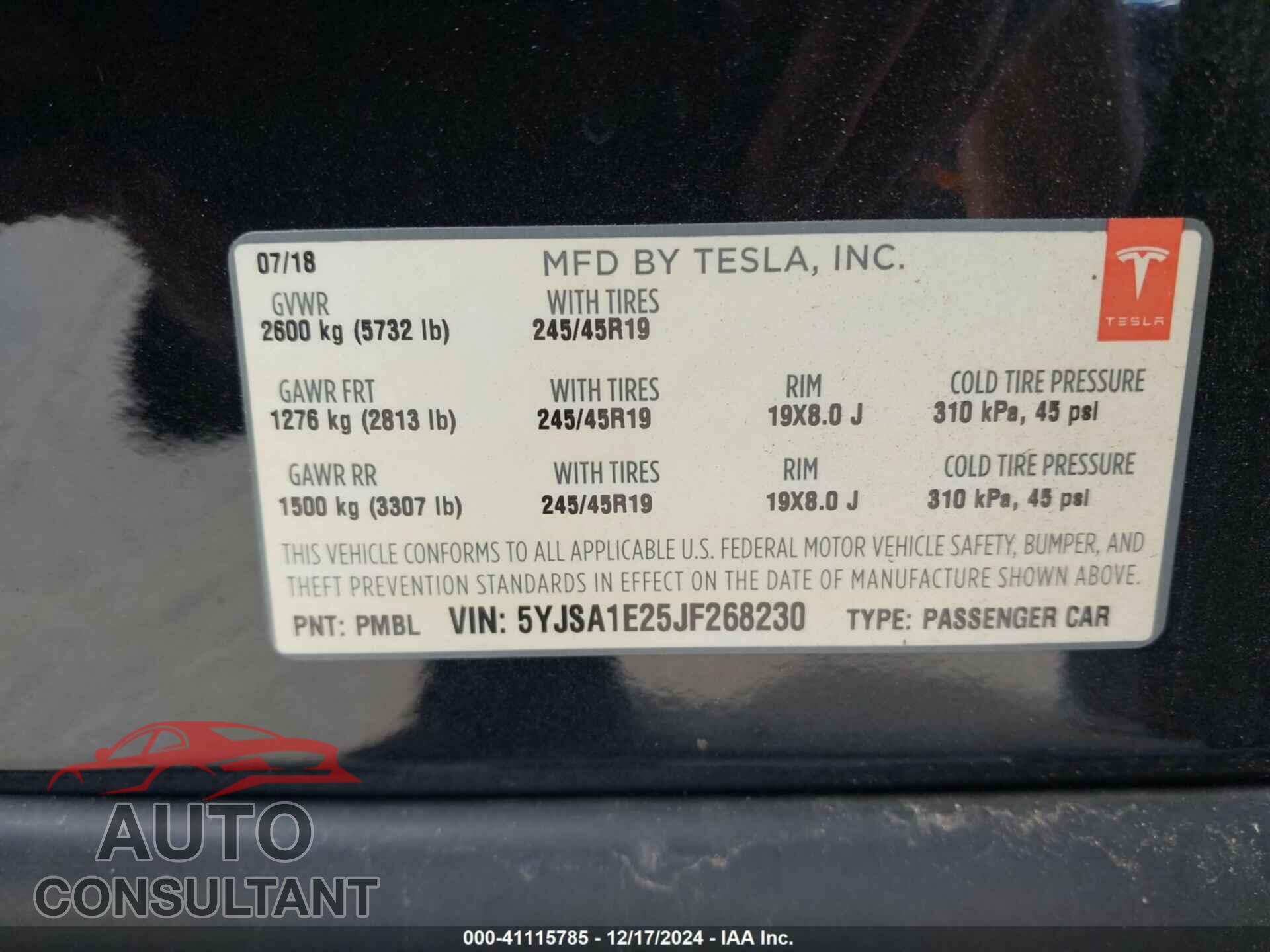 TESLA MODEL S 2018 - 5YJSA1E25JF268230
