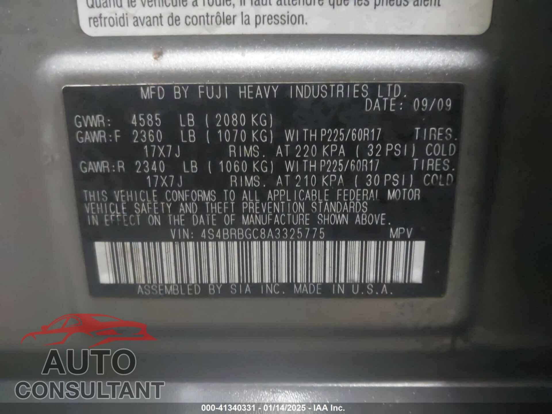 SUBARU OUTBACK 2010 - 4S4BRBGC8A3325775
