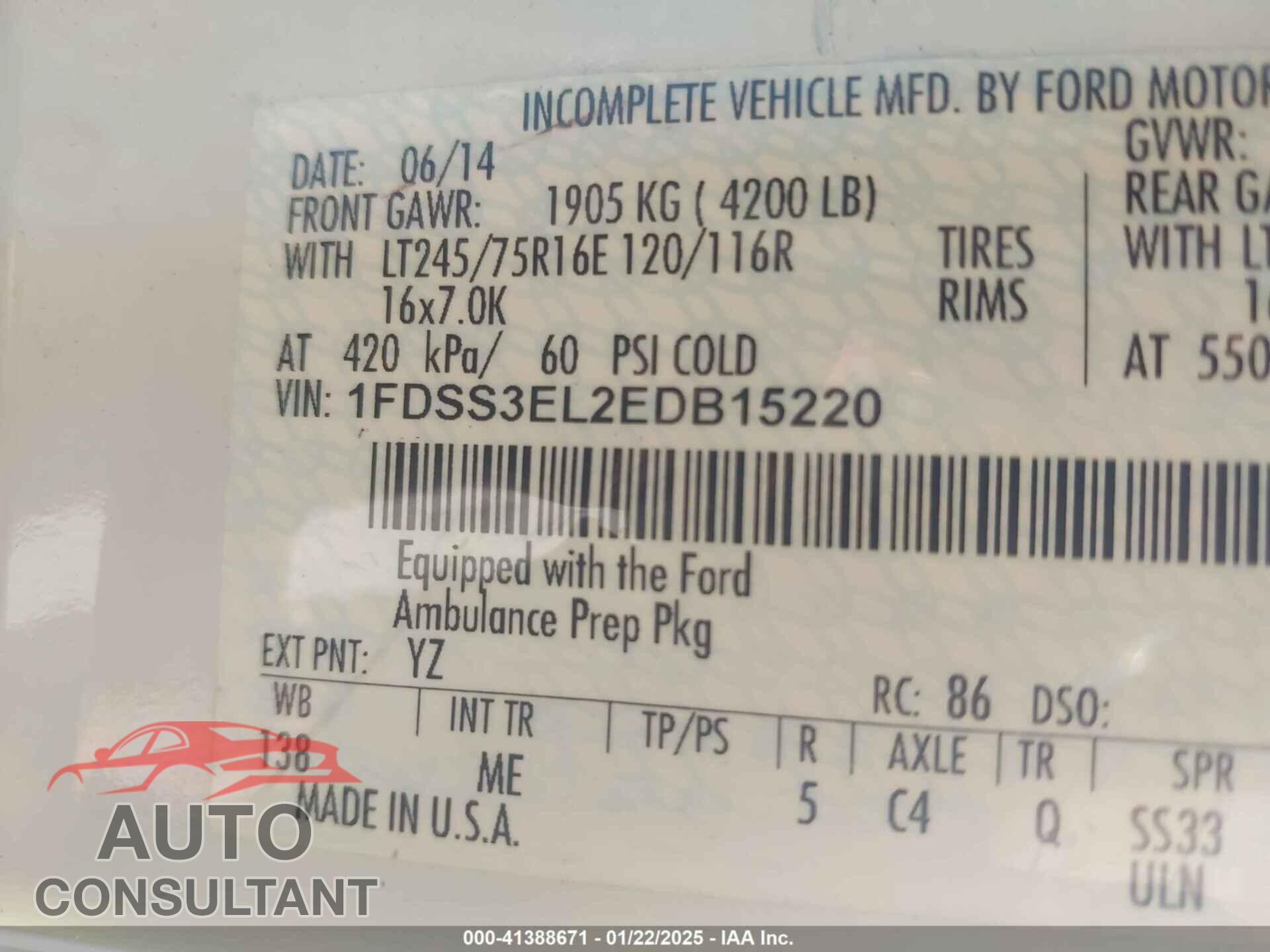 FORD E-350 SUPER DUTY 2014 - 1FDSS3EL2EDB15220