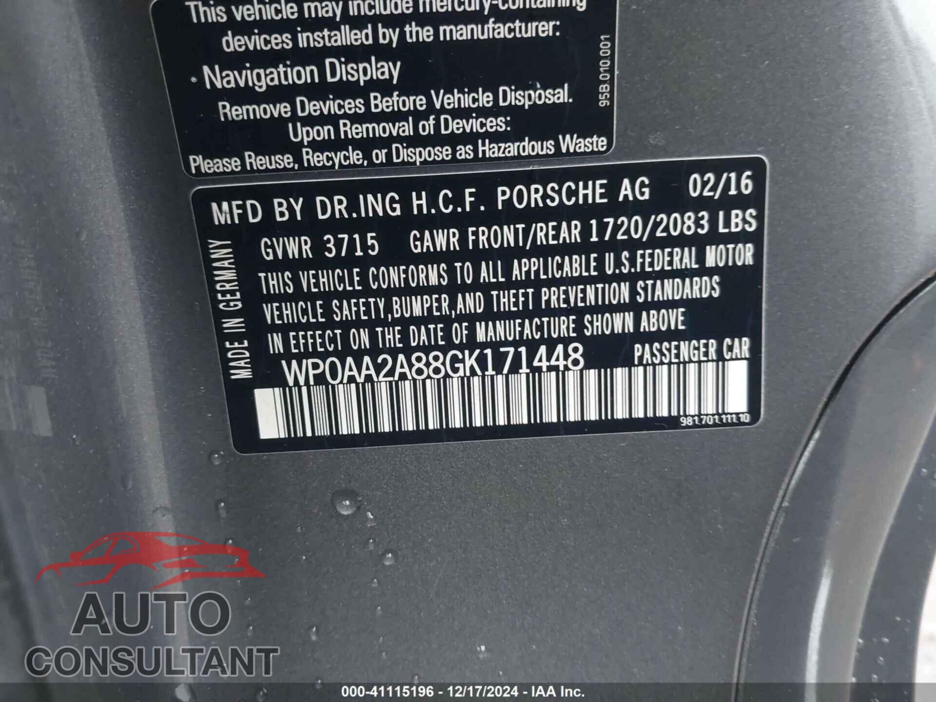 PORSCHE CAYMAN 2016 - WP0AA2A88GK171448