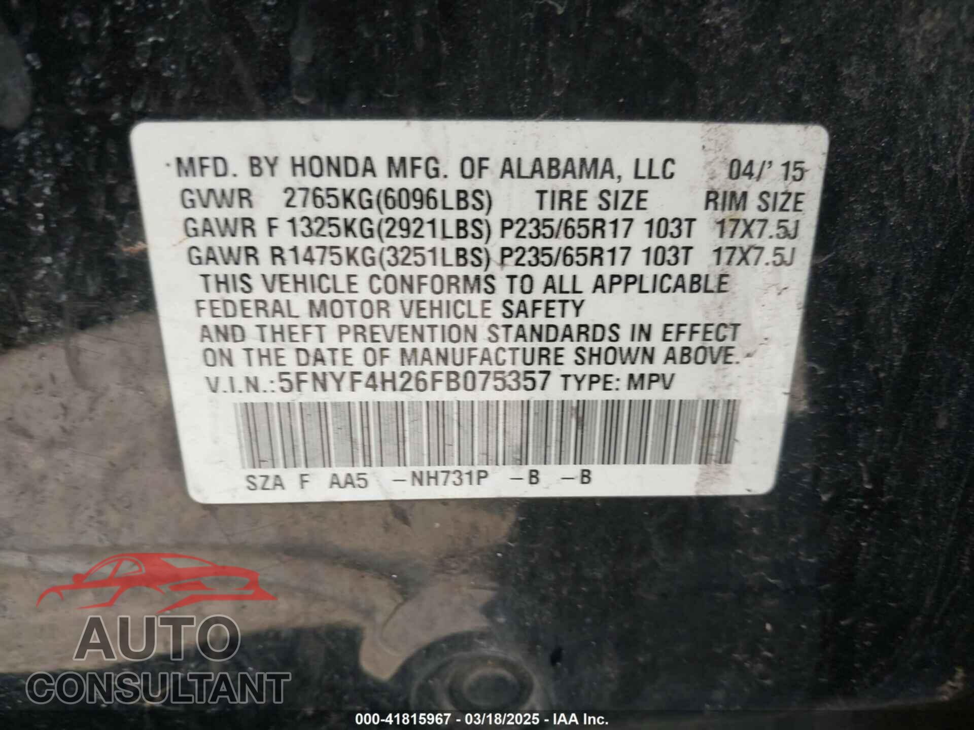 HONDA PILOT 2015 - 5FNYF4H26FB075357