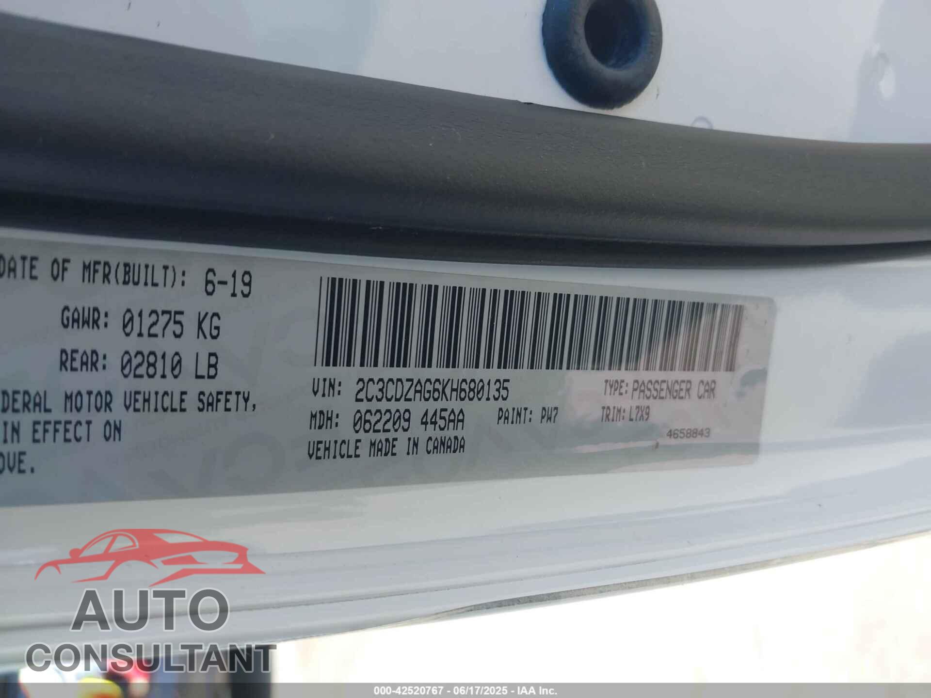 DODGE CHALLENGER 2019 - 2C3CDZAG6KH680135