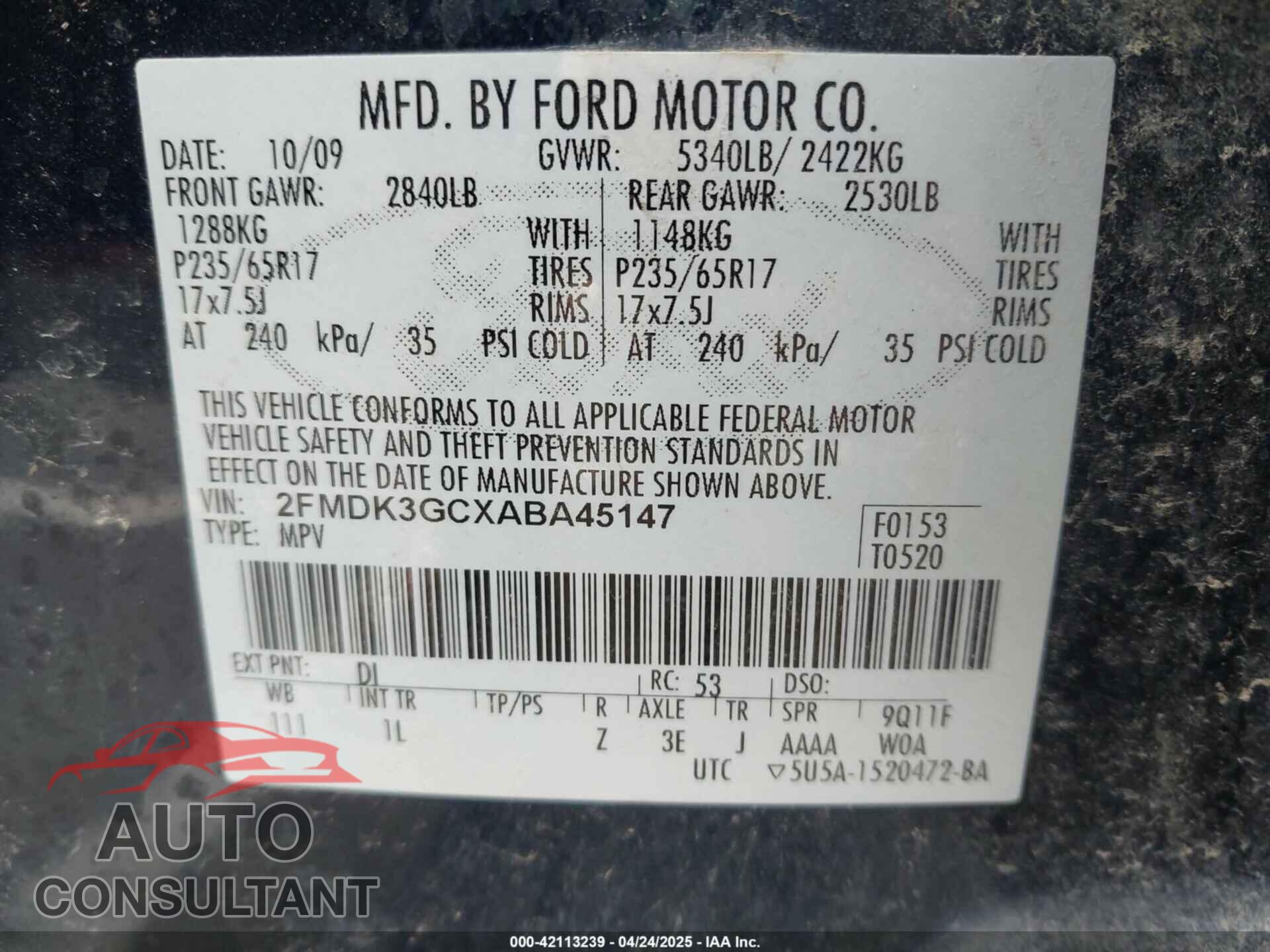 FORD EDGE 2010 - 2FMDK3GCXABA45147