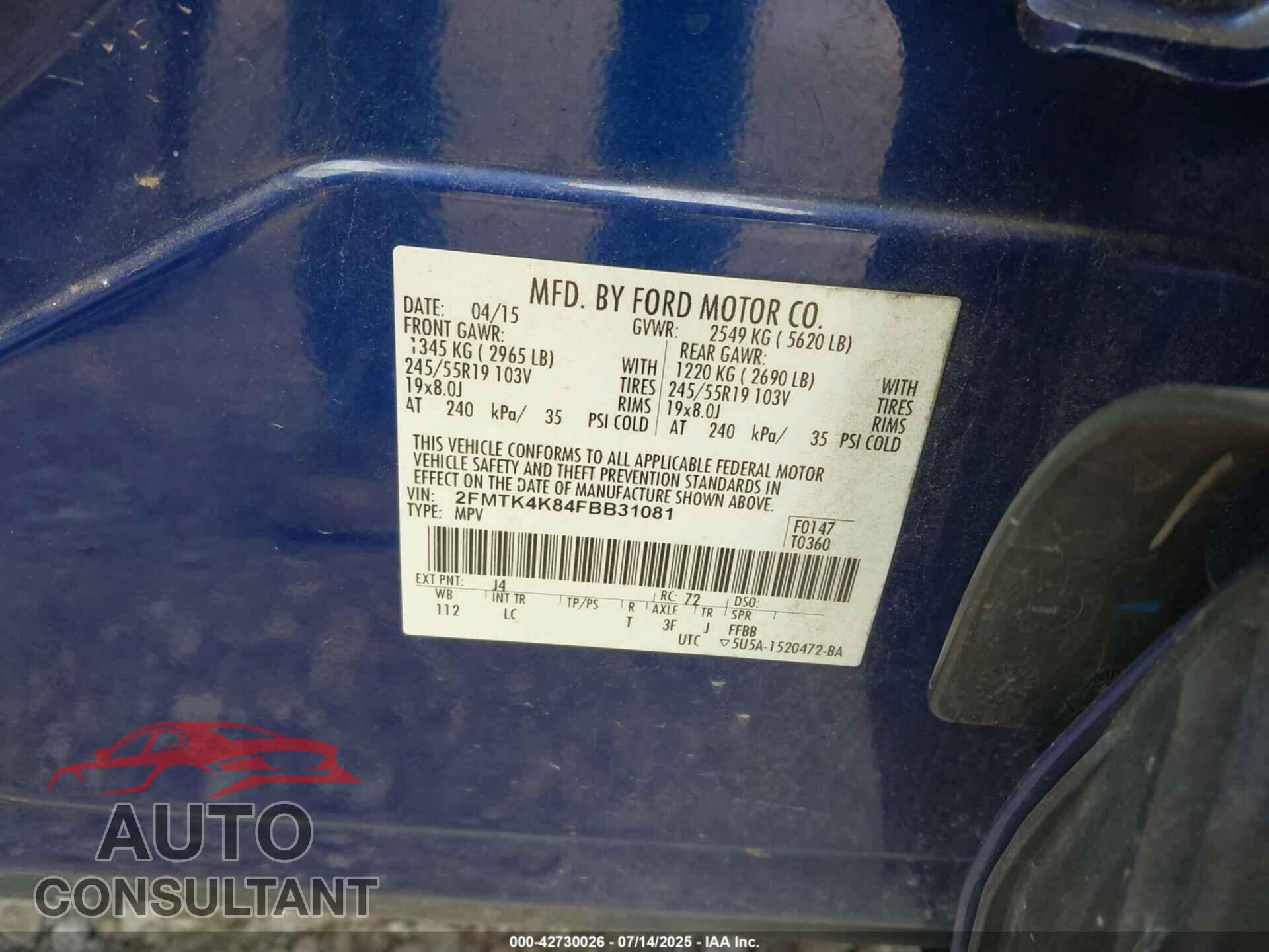FORD EDGE 2015 - 2FMTK4K84FBB31081