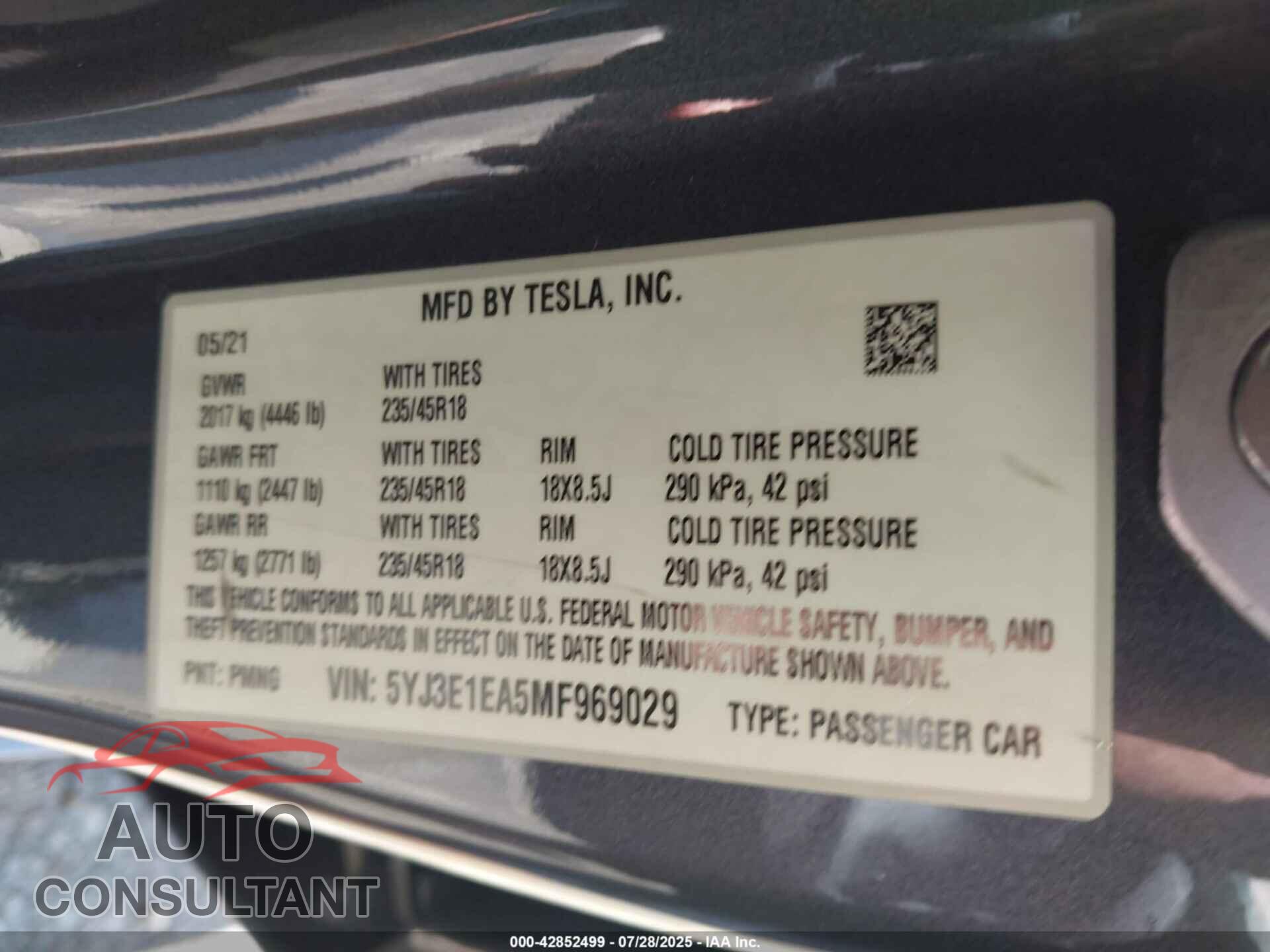 TESLA MODEL 3 2021 - 5YJ3E1EA5MF969029
