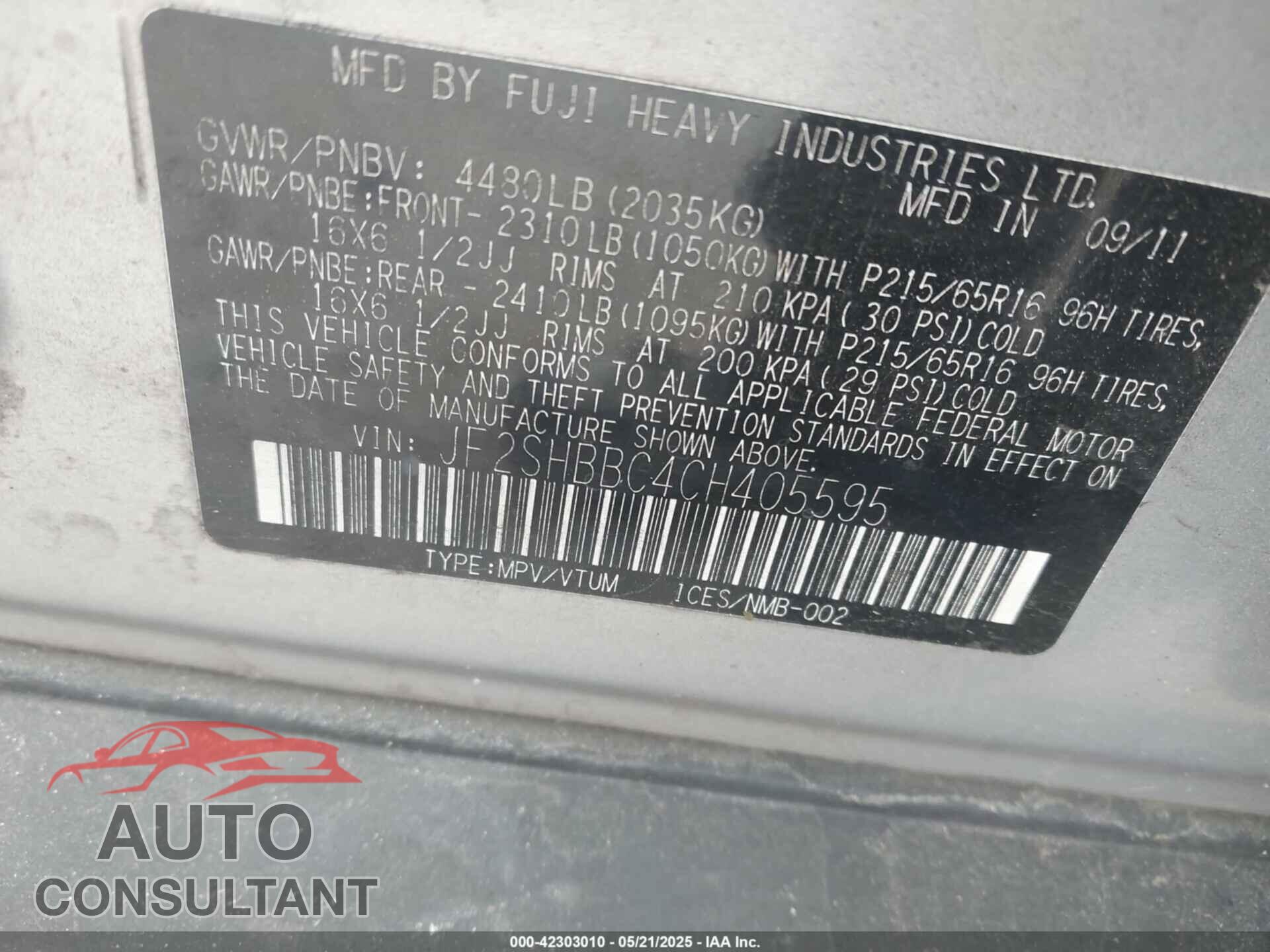 SUBARU FORESTER 2012 - JF2SHBBC4CH405595