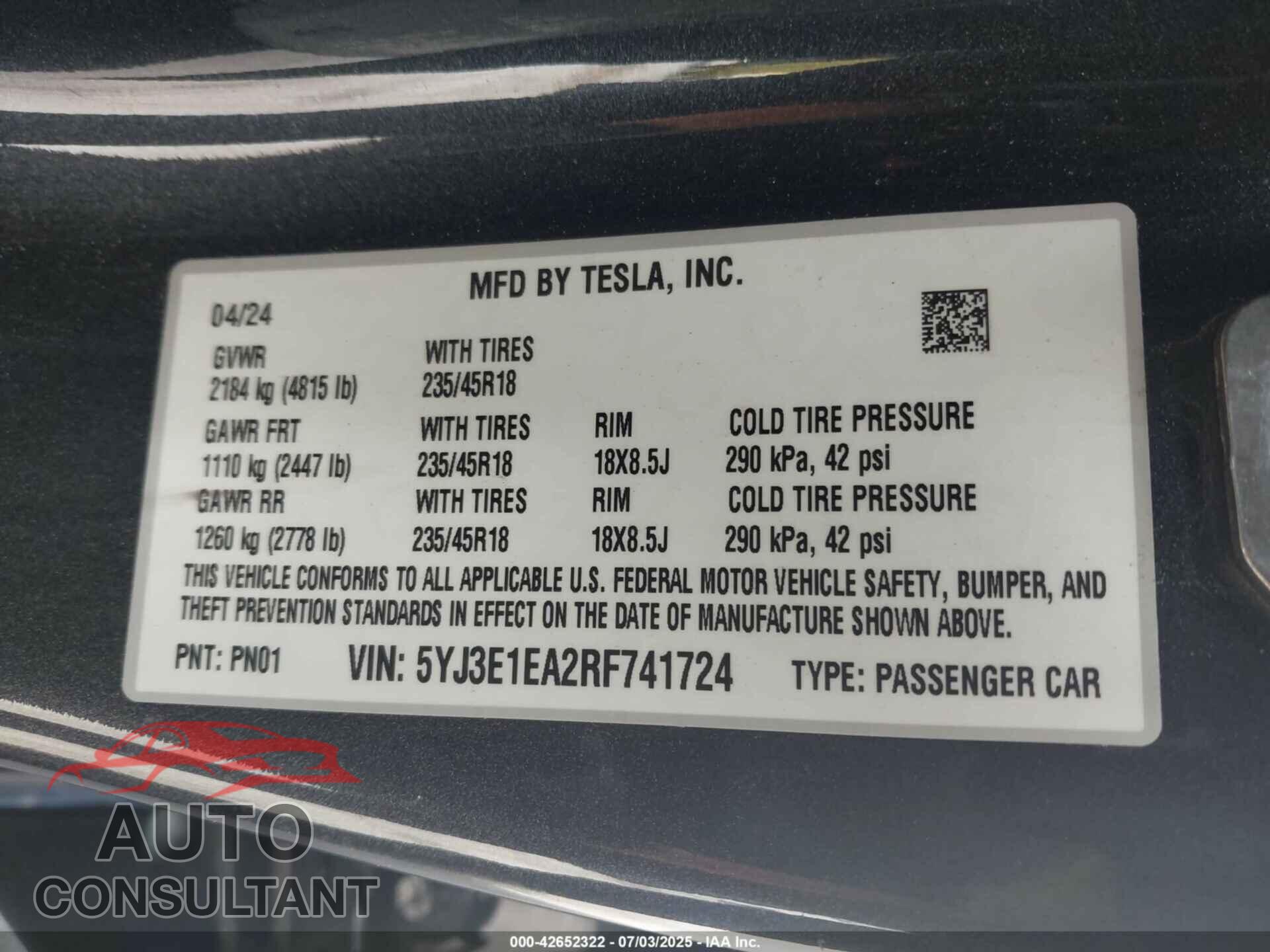 TESLA MODEL 3 2024 - 5YJ3E1EA2RF741724