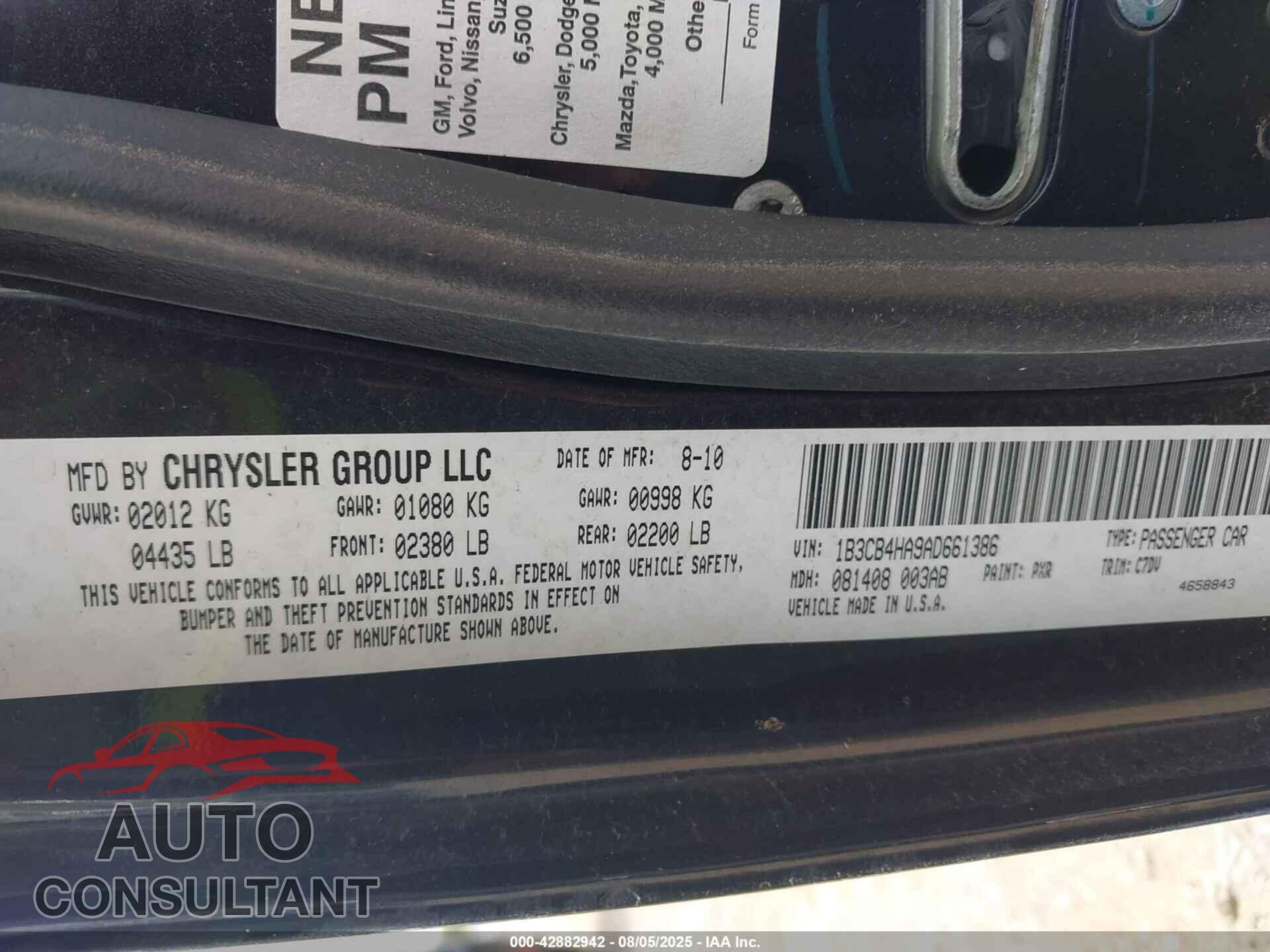 DODGE CALIBER 2010 - 1B3CB4HA9AD661386