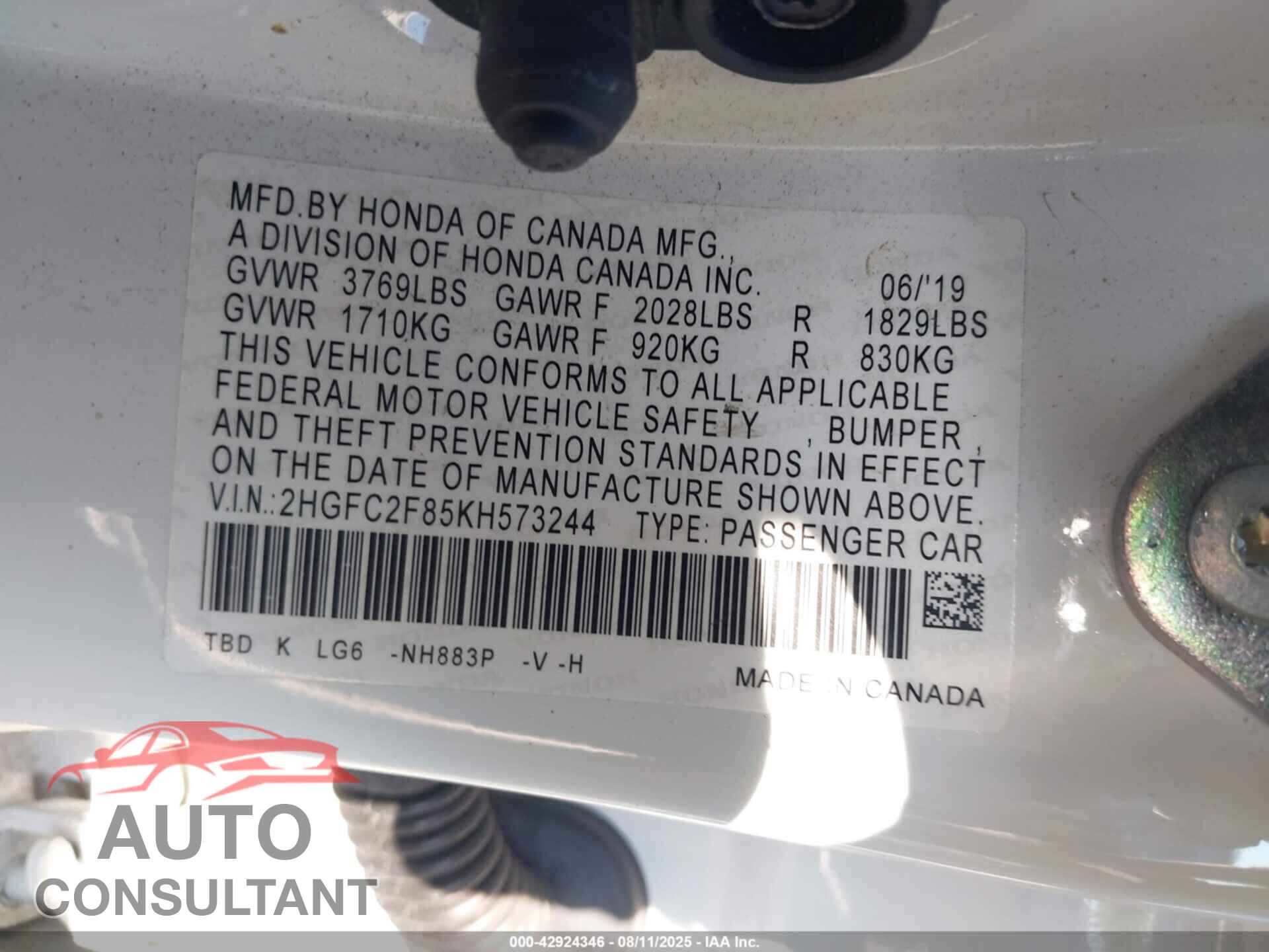 HONDA CIVIC 2019 - 2HGFC2F85KH573244