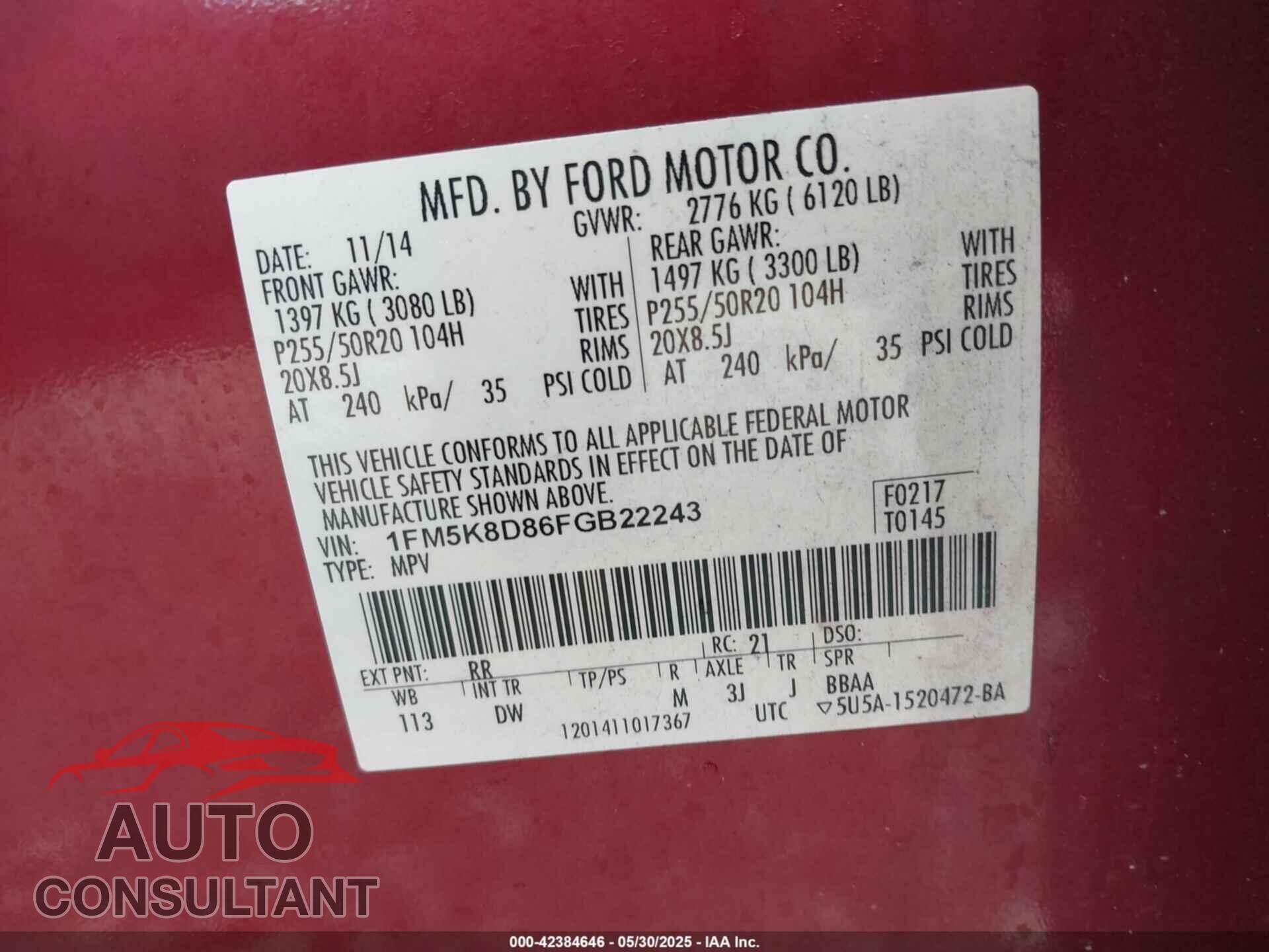 FORD EXPLORER 2015 - 1FM5K8D86FGB22243
