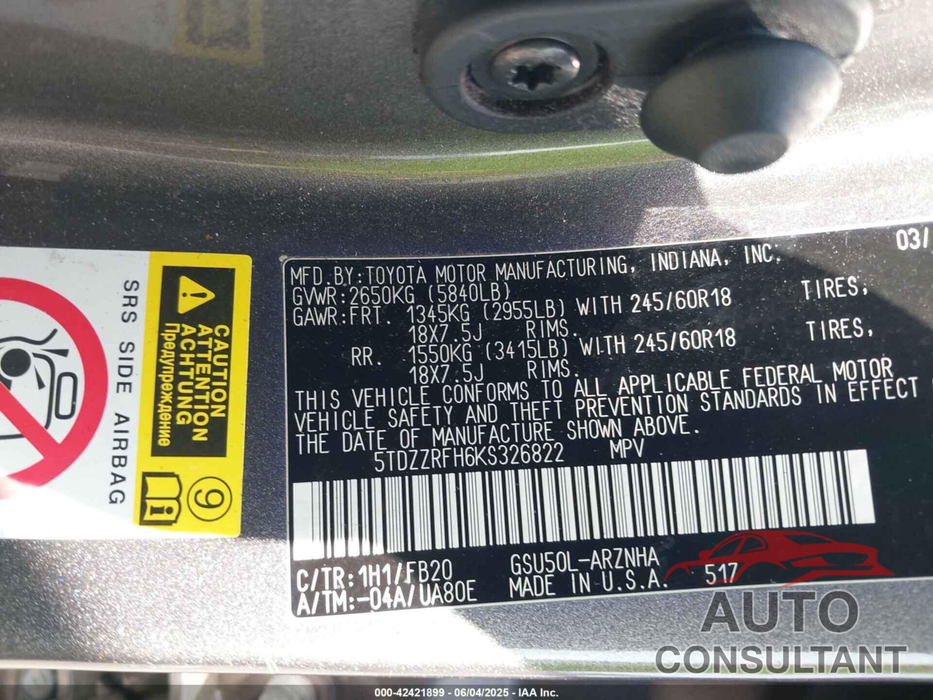 TOYOTA HIGHLANDER 2019 - 5TDZZRFH6KS326822
