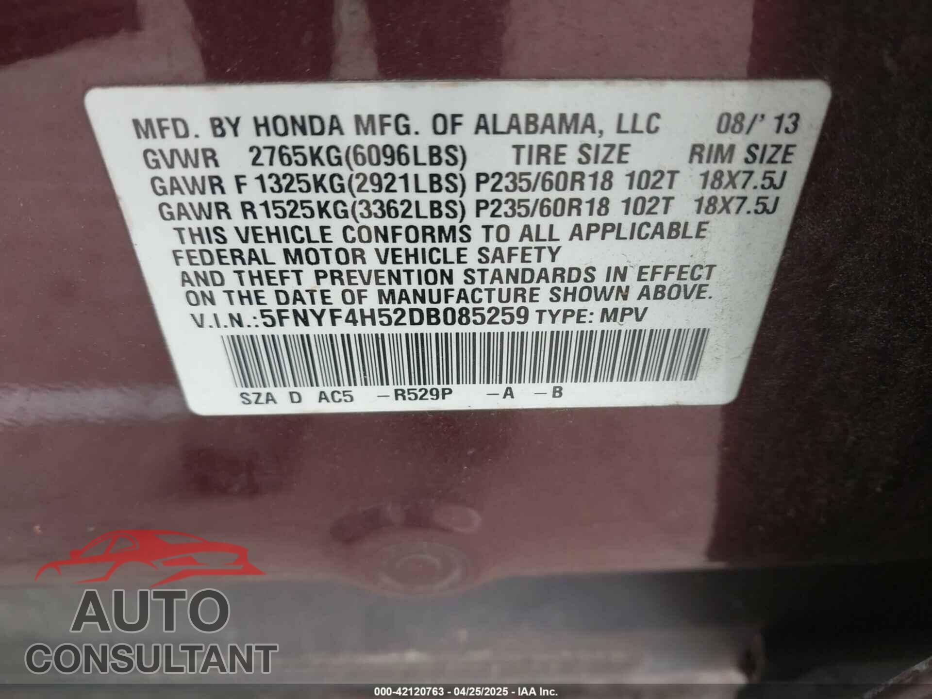 HONDA PILOT 2013 - 5FNYF4H52DB085259