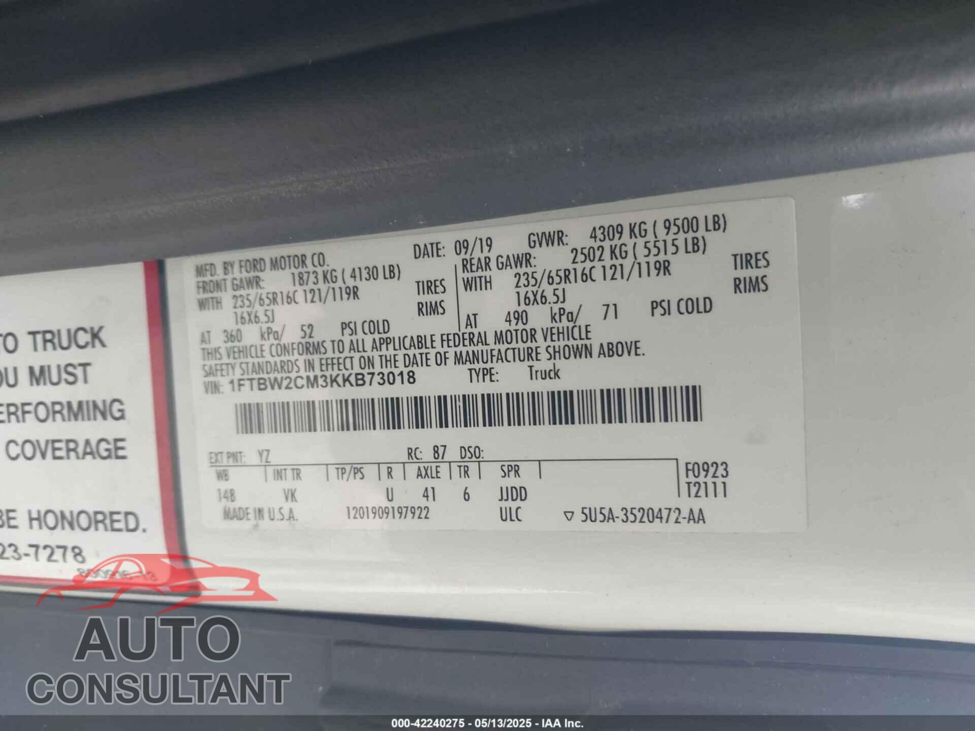 FORD TRANSIT-350 2019 - 1FTBW2CM3KKB73018