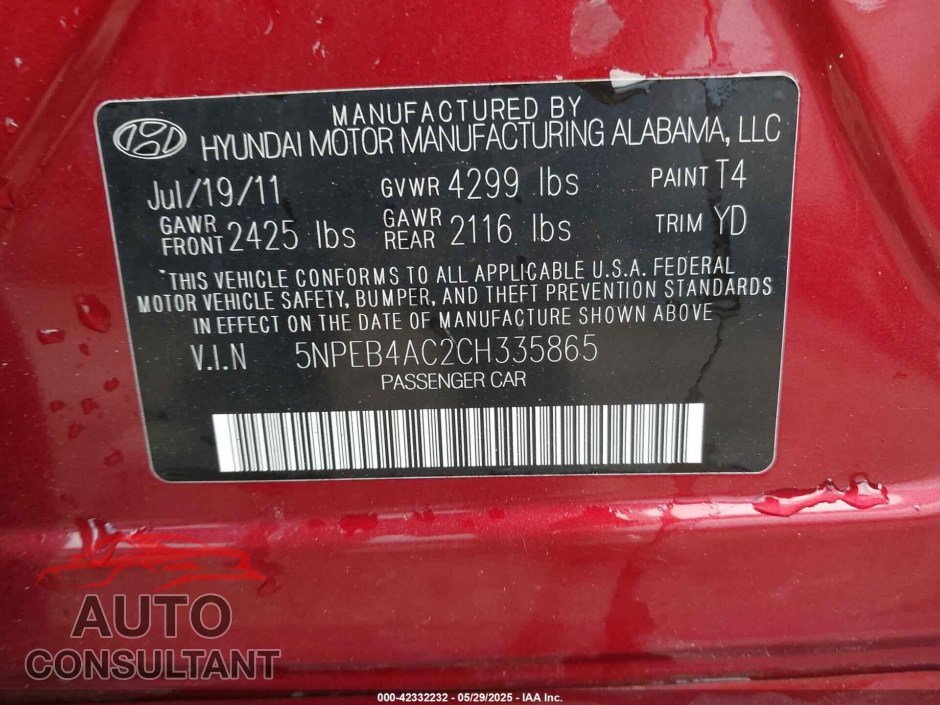 HYUNDAI SONATA 2012 - 5NPEB4AC2CH335865