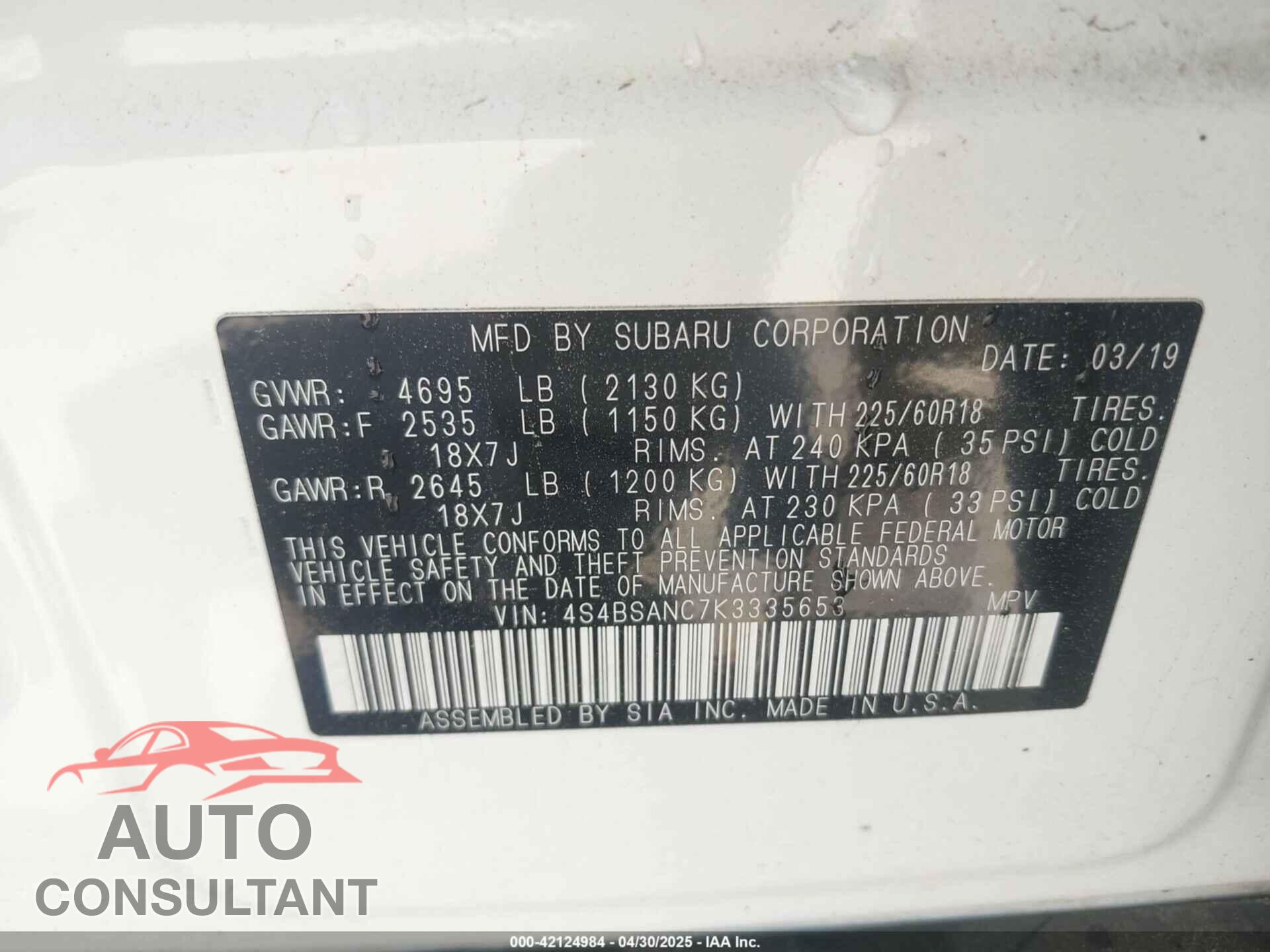 SUBARU OUTBACK 2019 - 4S4BSANC7K3335653