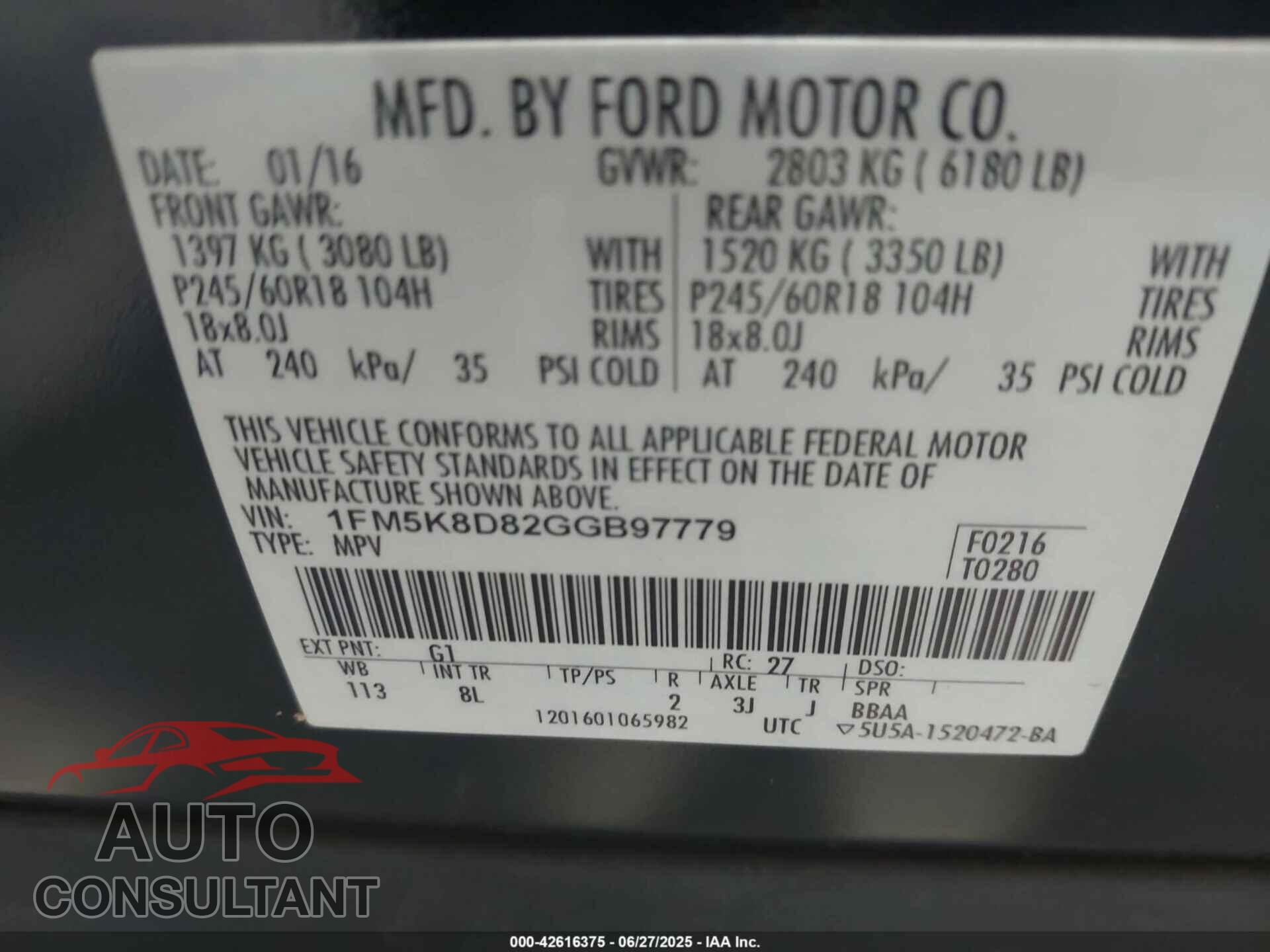 FORD EXPLORER 2016 - 1FM5K8D82GGB97779
